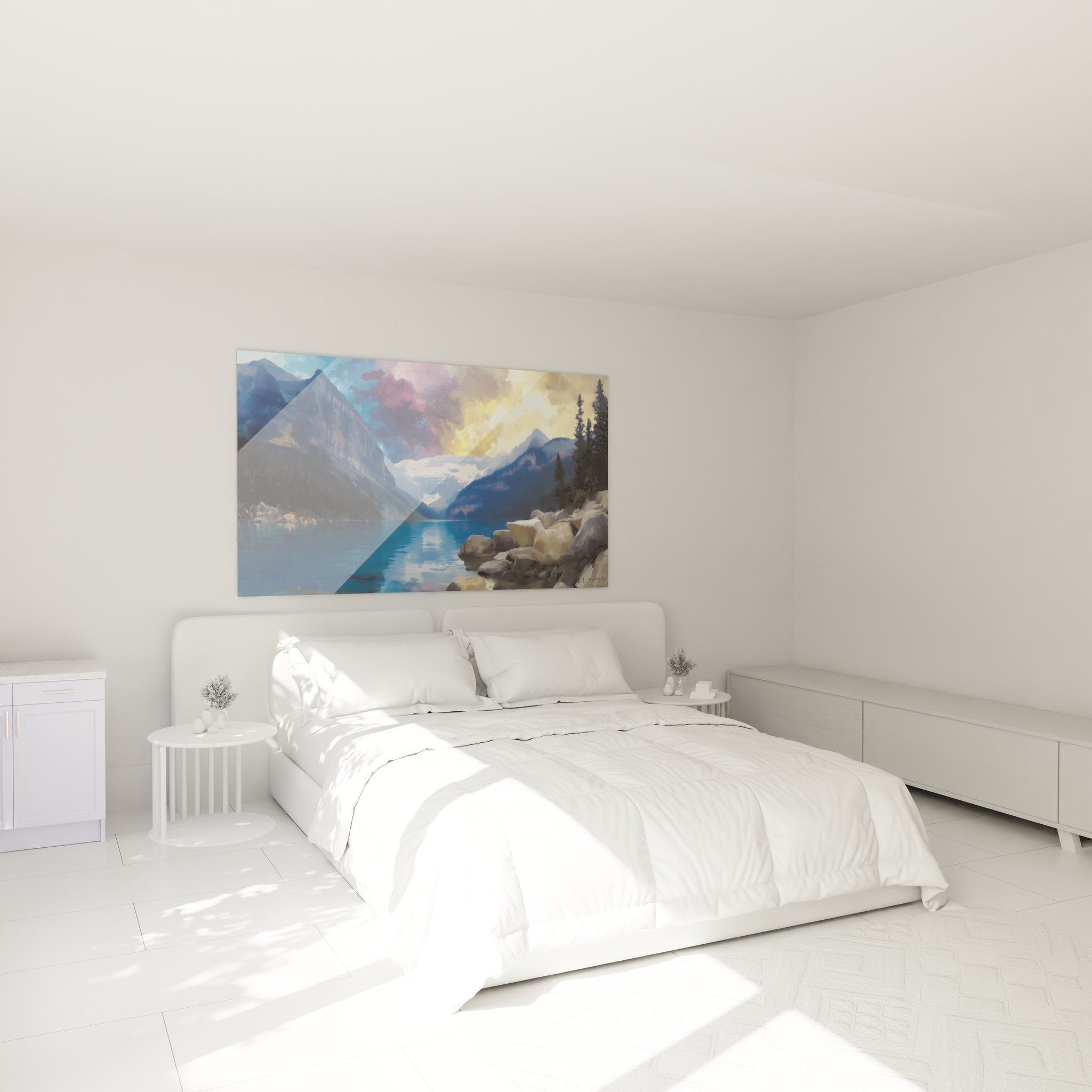 Décoration murale lac de montagne dans chambre, ambiance sereine avec paysage glaciaire