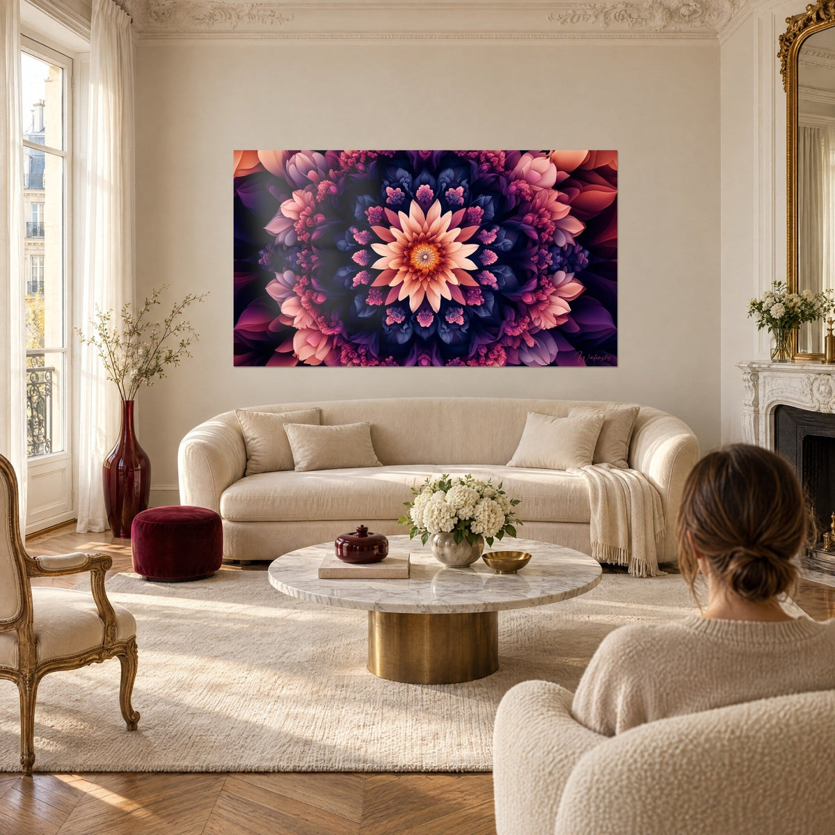 Quadro con mandala simmetrico a fiore di pesco, petali viola e rosa, sopra un divano in un soggiorno luminoso