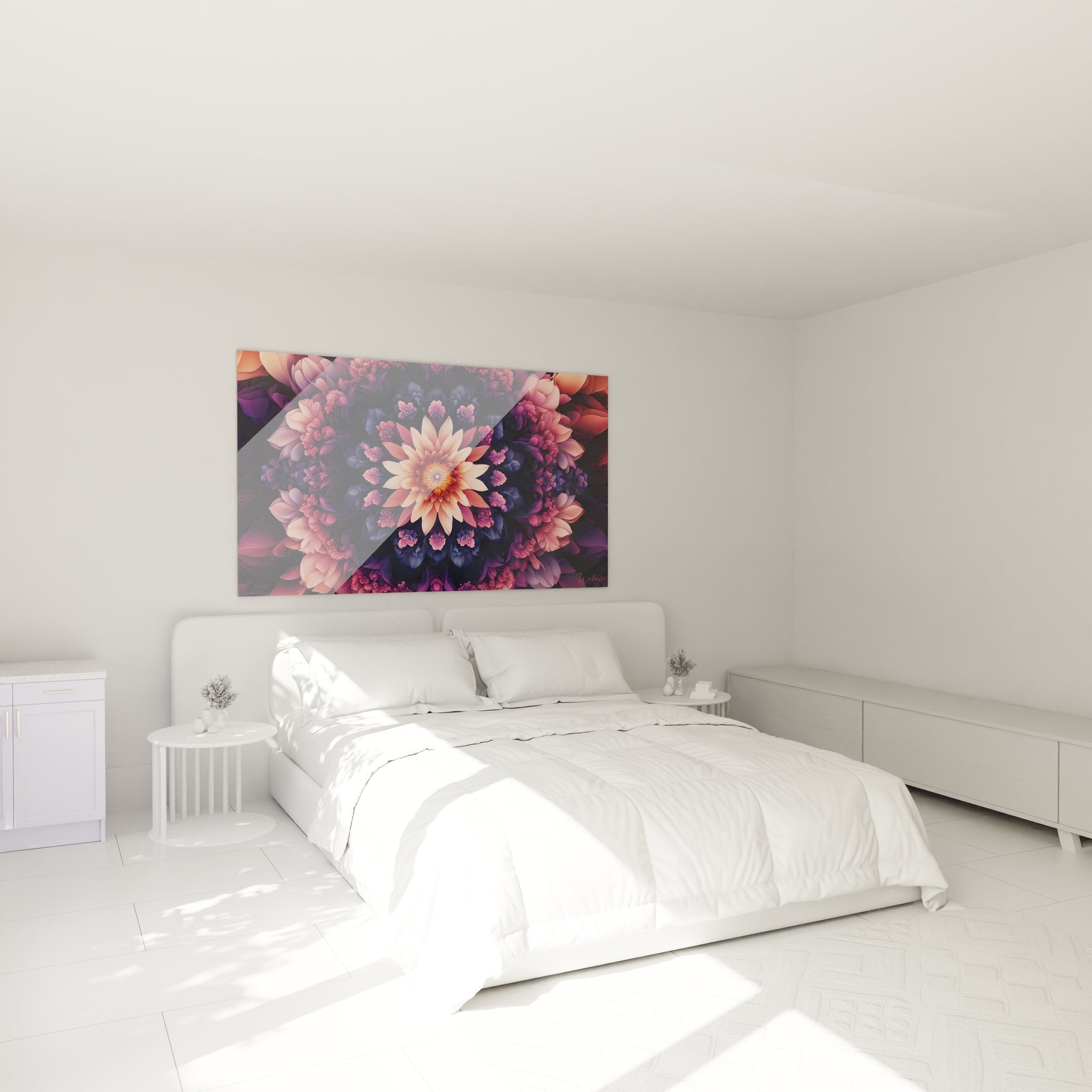 Décoration murale mandala floral dans chambre moderne avec motifs fractals colorés