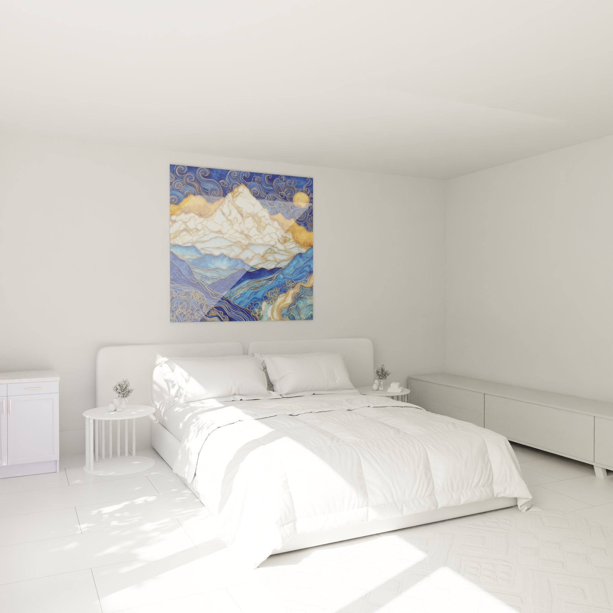 Décoration murale montagne dorée dans chambre moderne avec paysage alpin stylisé tons chauds