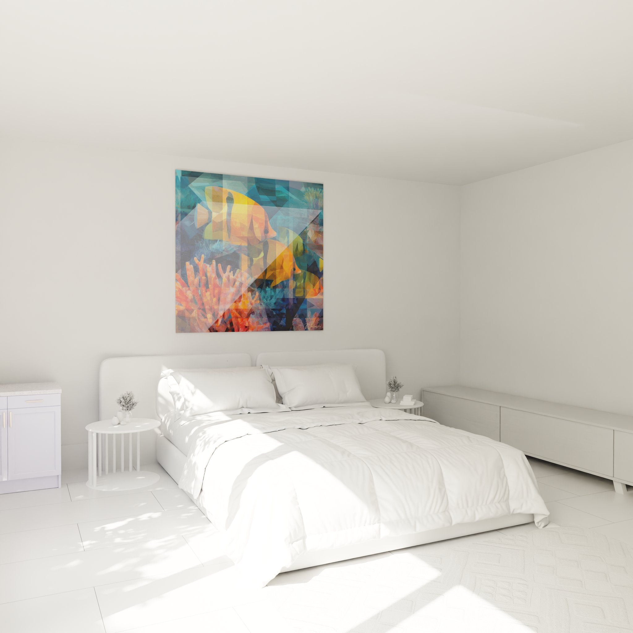 Décoration murale poissons géométriques dans chambre moderne ambiance aquatique colorée