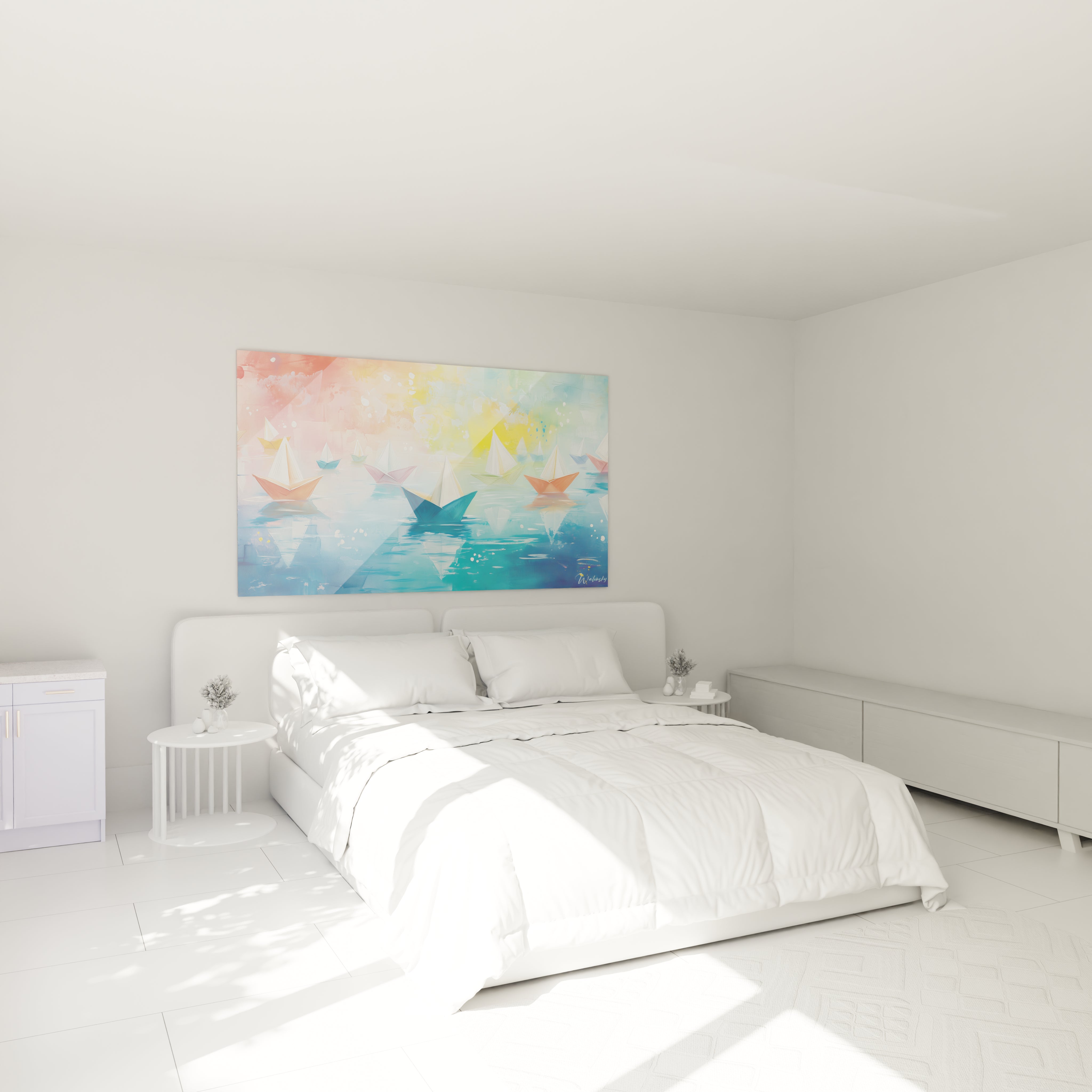 Tableau multicolore abstrait de Walensky représentant des bateaux sur un fond de mer colorée