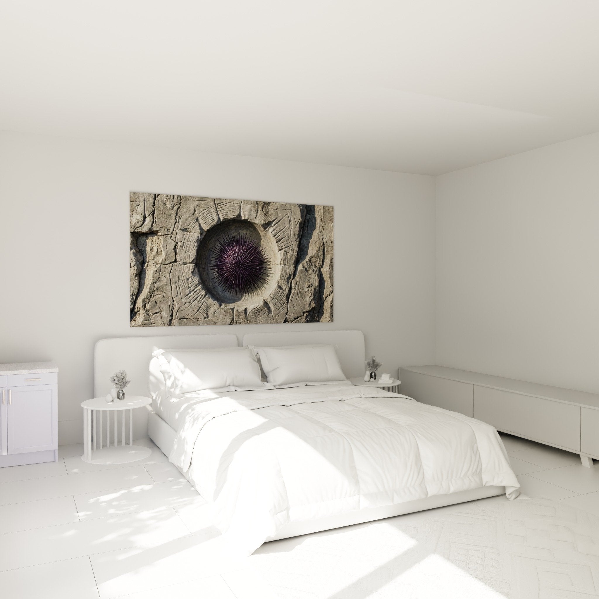 Wanddekoration lila Seeigel fossiles Beige stein naturliches Schlafzimmer Ambiente Kuriositatenkabinett Stil