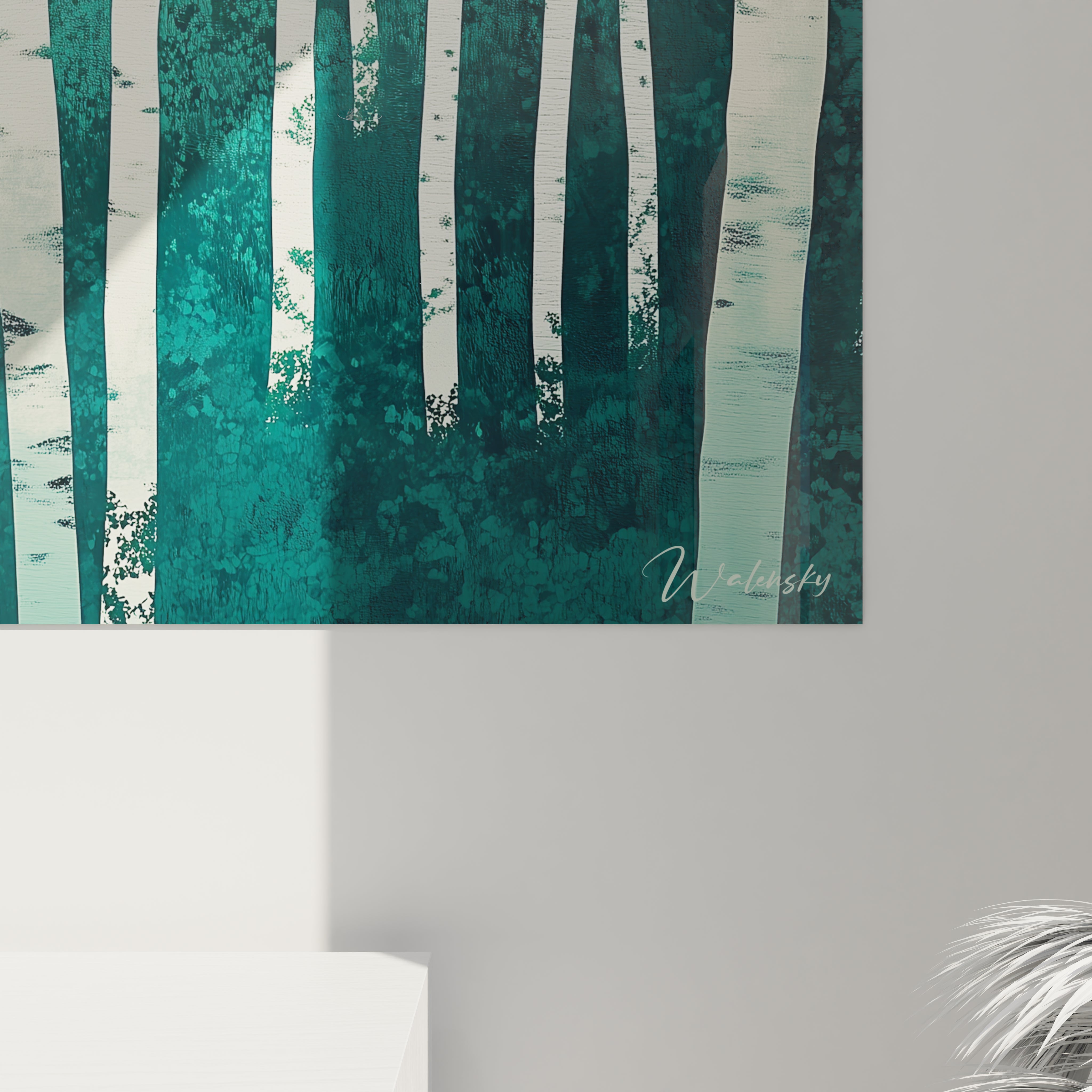 Tableau forêt de Walensky représentant des troncs d'arbres verts et blancs sur fond clair