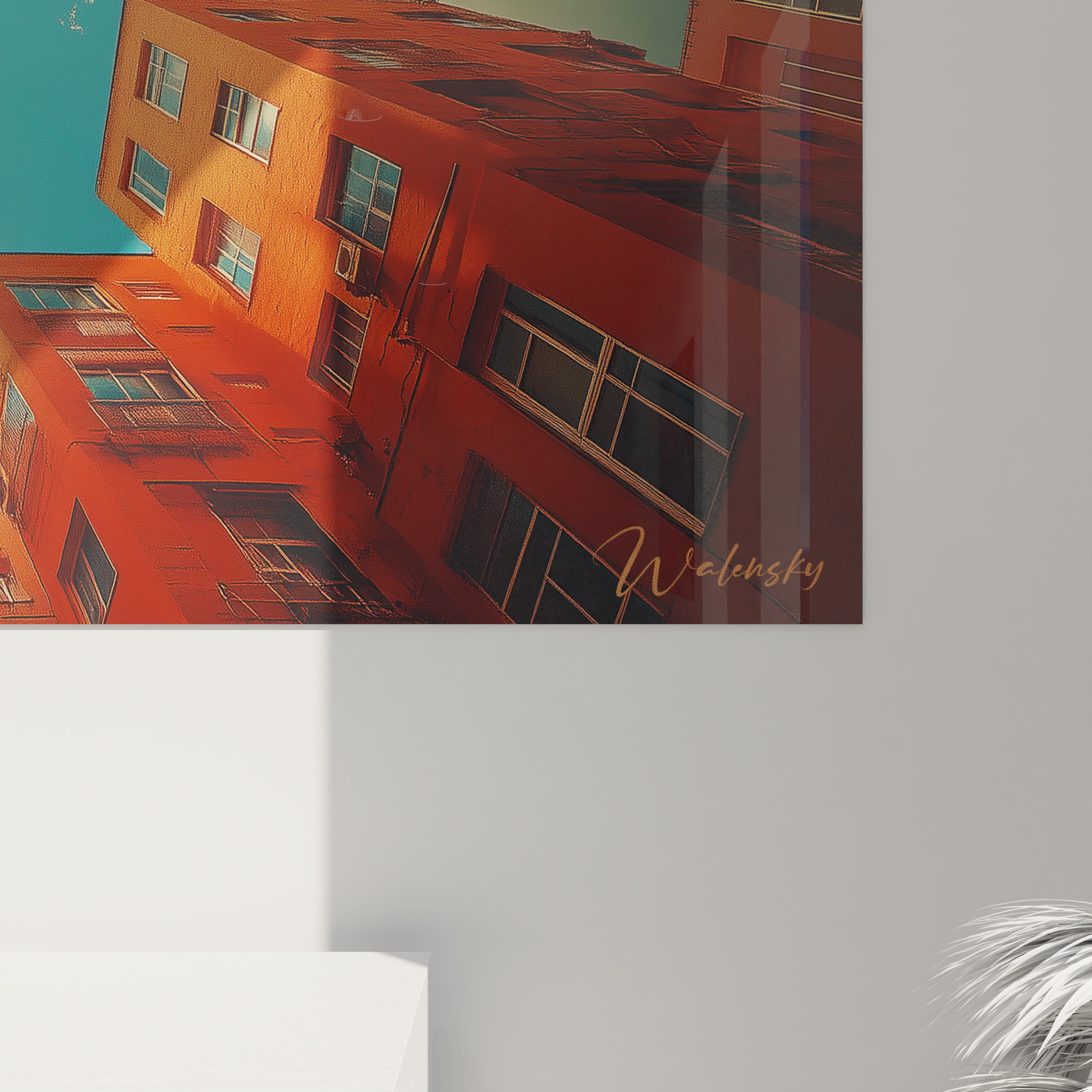 Tableau mural street art de Walensky avec des bâtiments orange sous un ciel bleu