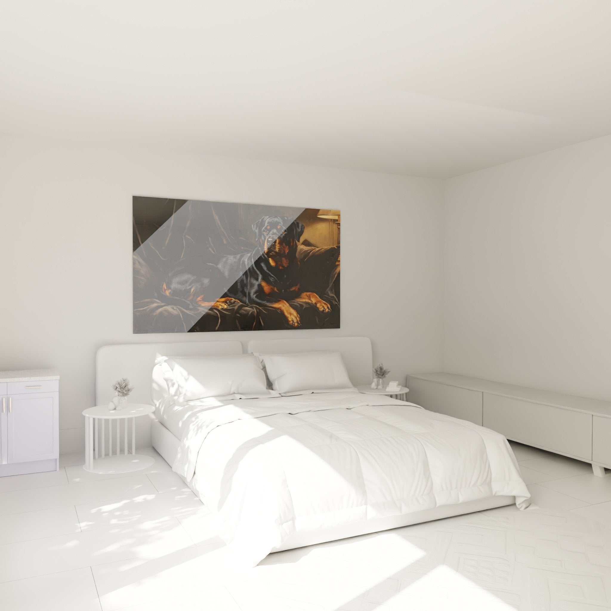 Décoration murale Rottweiler élégant sur sofa de cuir dans une chambre aux tons chauds et apaisants