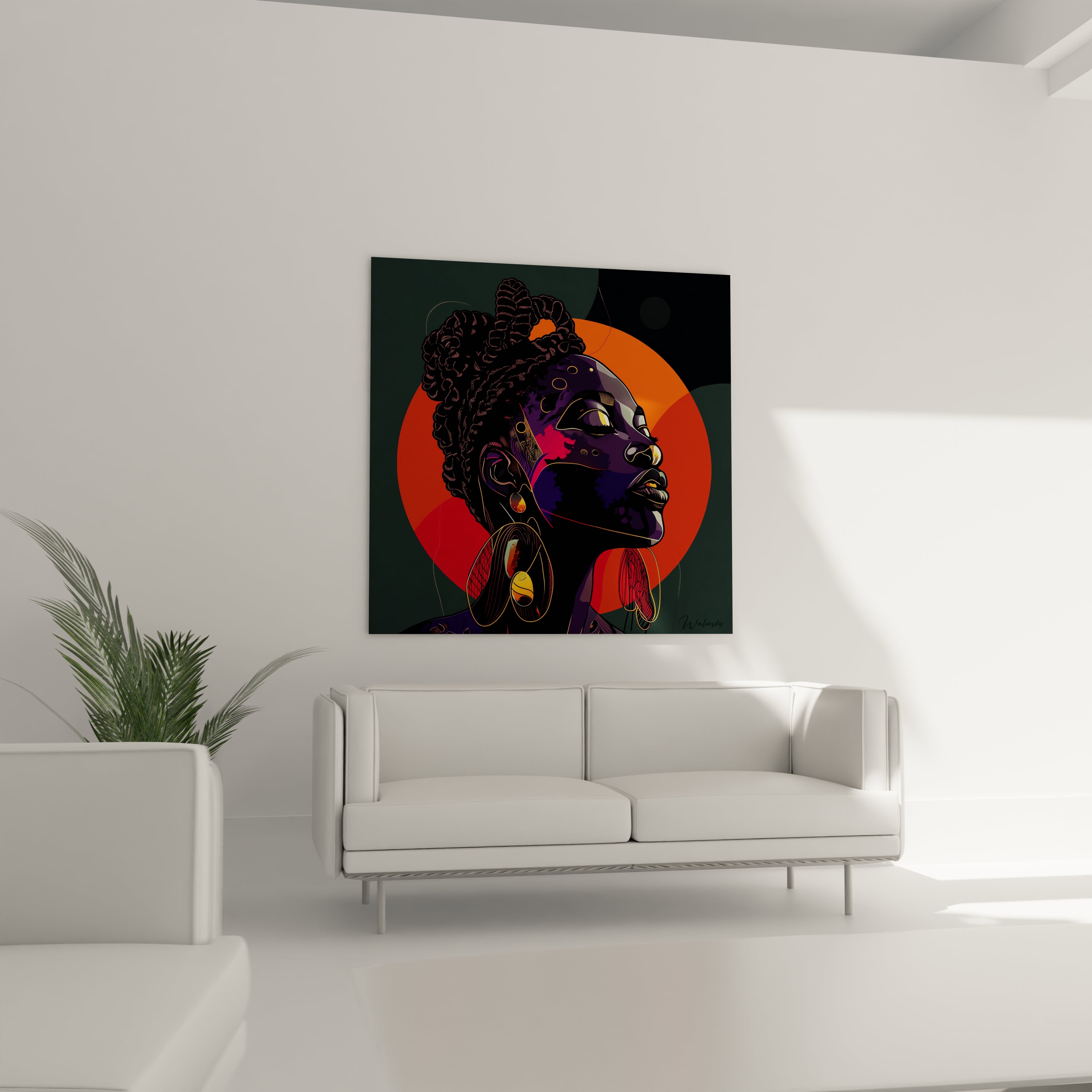 Tableau africain mural représentant un portrait coloré de femme avec des boucles d'oreilles dorées