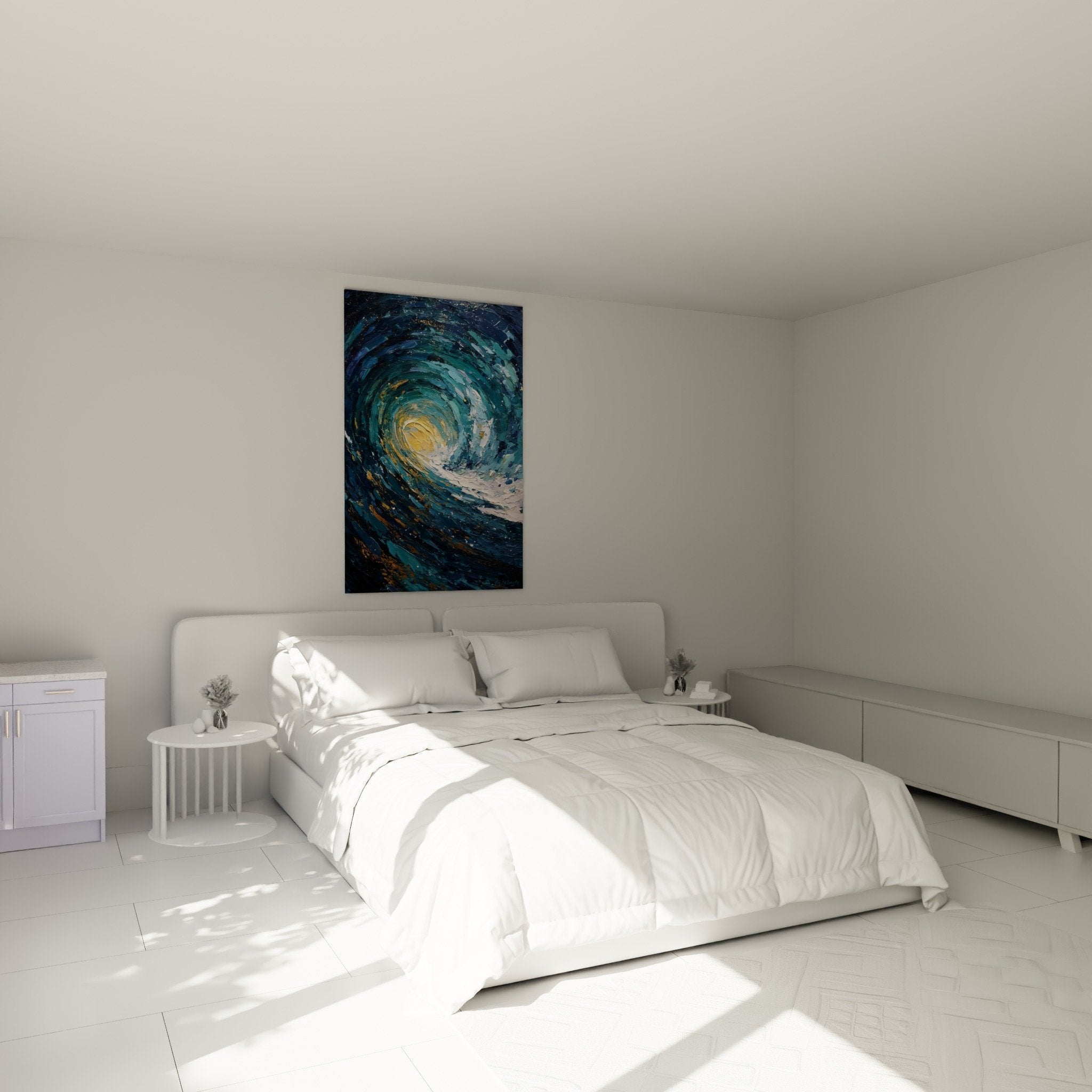 Blue and gold spiral wall decor bedroom feng shui north water wave swirl soothing zen