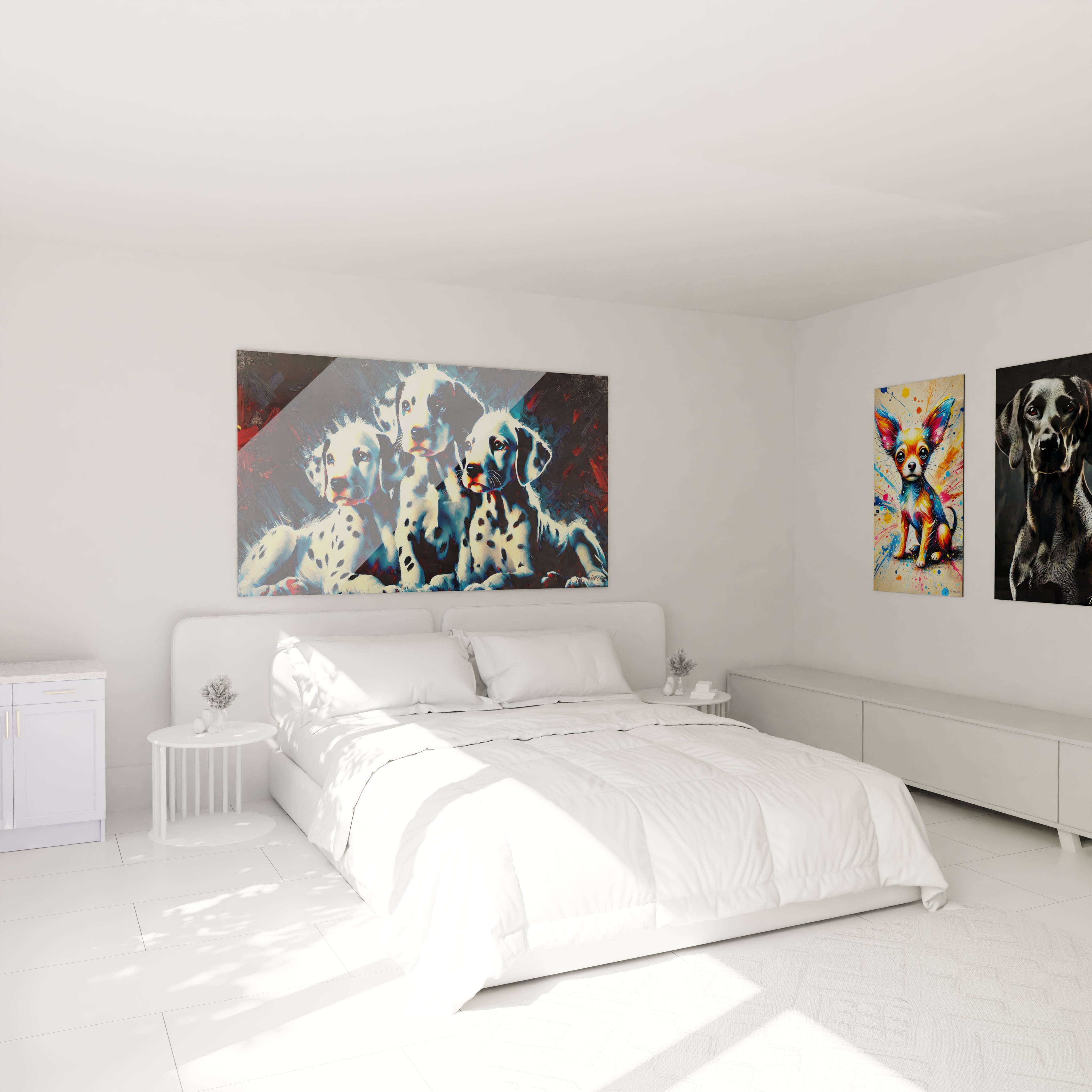 Accroche ce tableau chien au-dessus du lit pour transformer votre chambre avec une touche d’art moderne et animalier. Les chiots dalmatiens apportent une douceur visuelle et une énergie contemporaine.

