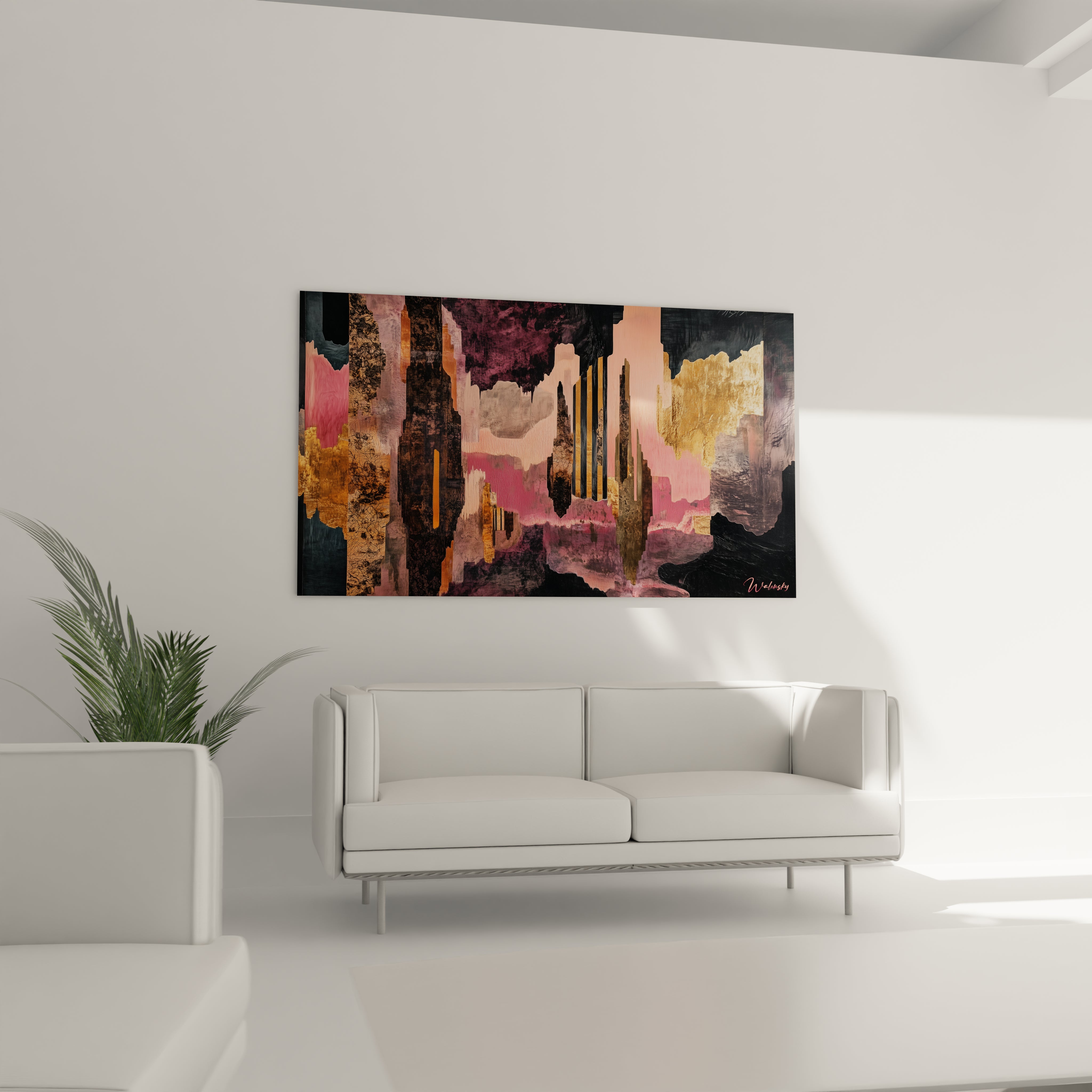 Tableau peinture abstrait de Walensky avec des couleurs vibrantes et des formes géométriques sur un mur moderne