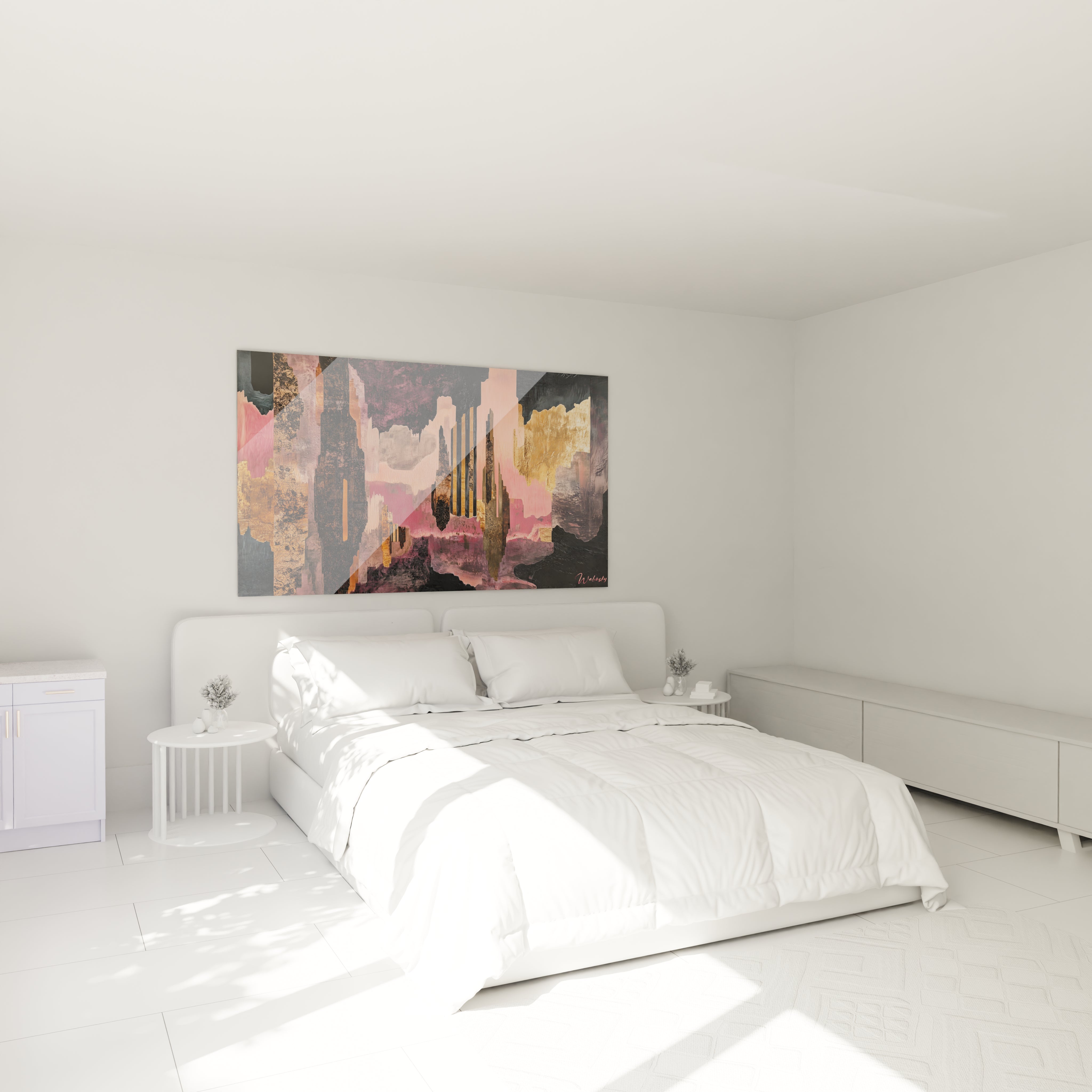 Tableau peinture abstrait Walensky dans une chambre moderne avec un lit blanc et des murs clairs