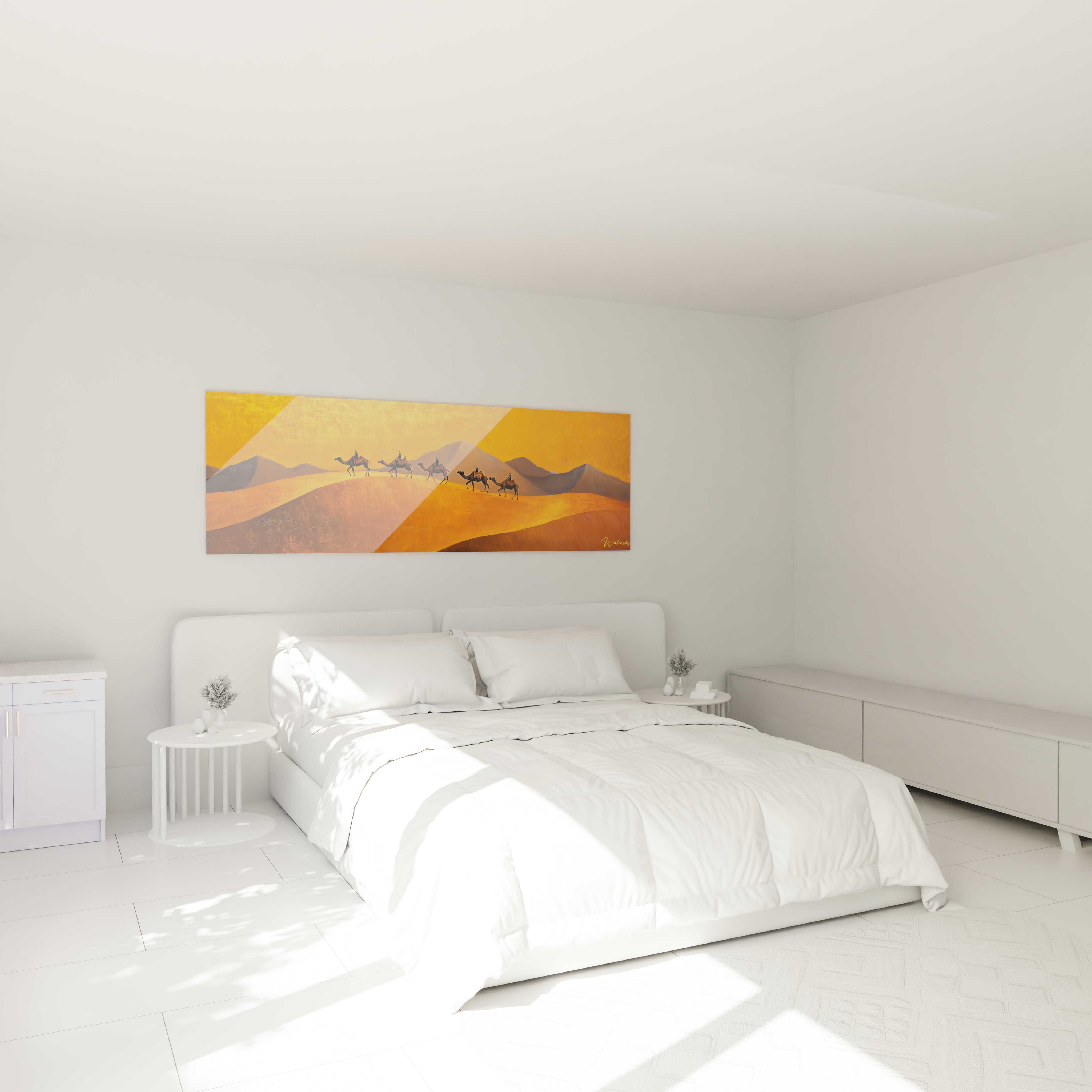 Tableau dromadaire Walensky avec des paysages désertiques en jaune, parfait pour décorer une chambre