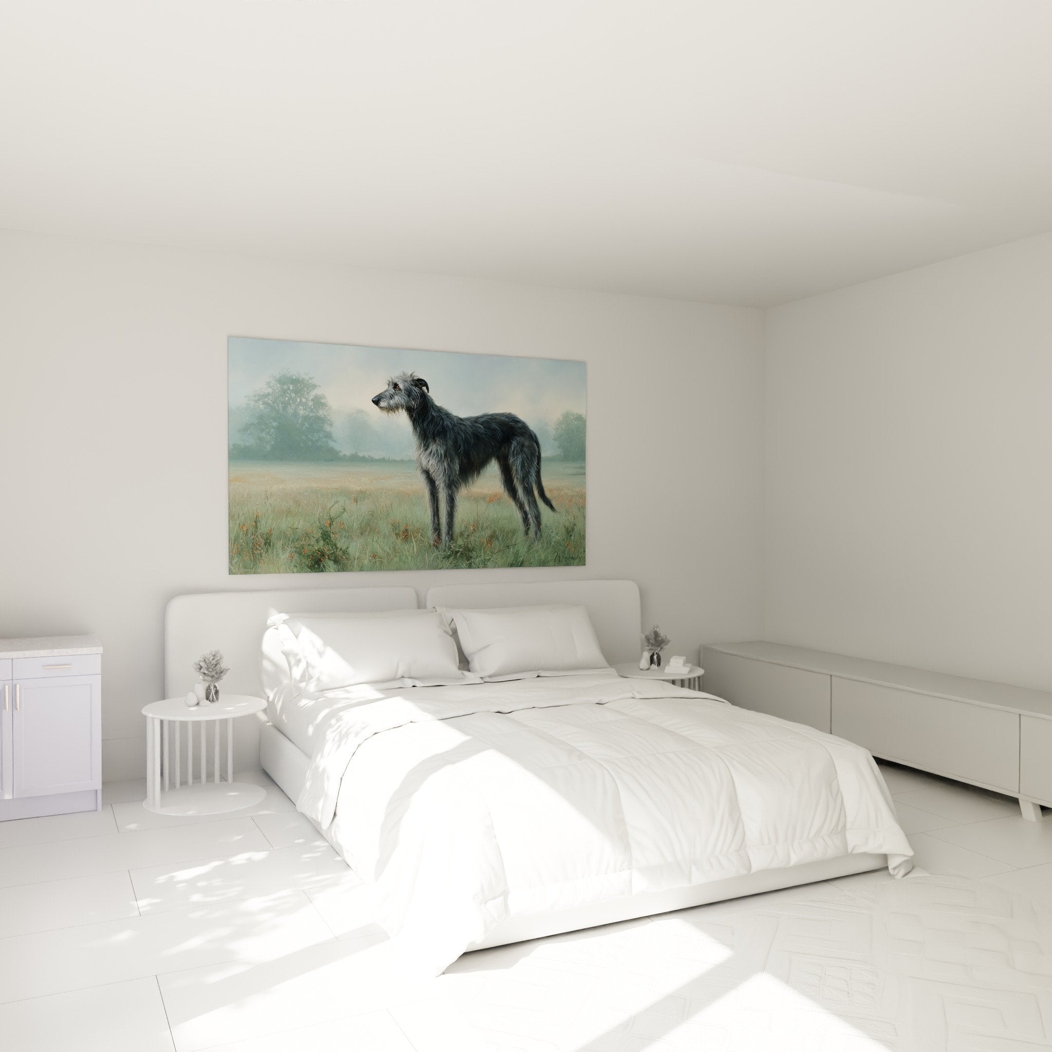 Edler Deerhound in nebliger Landschaft Wanddekoration Schlafzimmer beruhigende Atmosphäre sanfte Töne