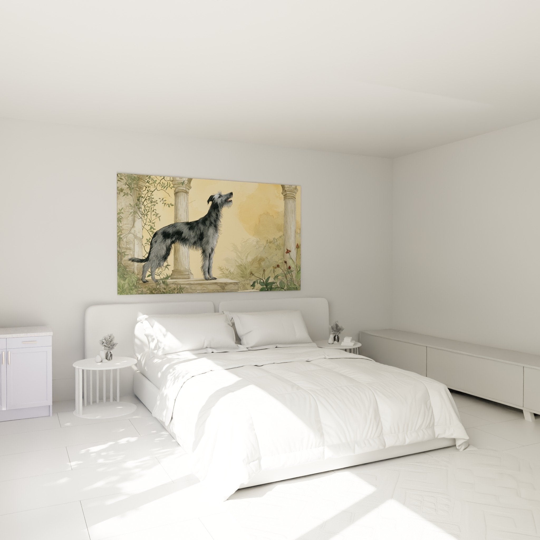Grauer Deerhound griechische Säulen Wanddekoration Schlafzimmer klassischer eleganter Stil