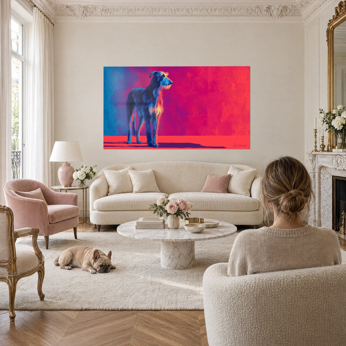 Quadro levriero scozzese dal manto blu notte su sfondo rosso vivo, donna di spalle e bulldog, sopra un divano in un soggiorno luminoso