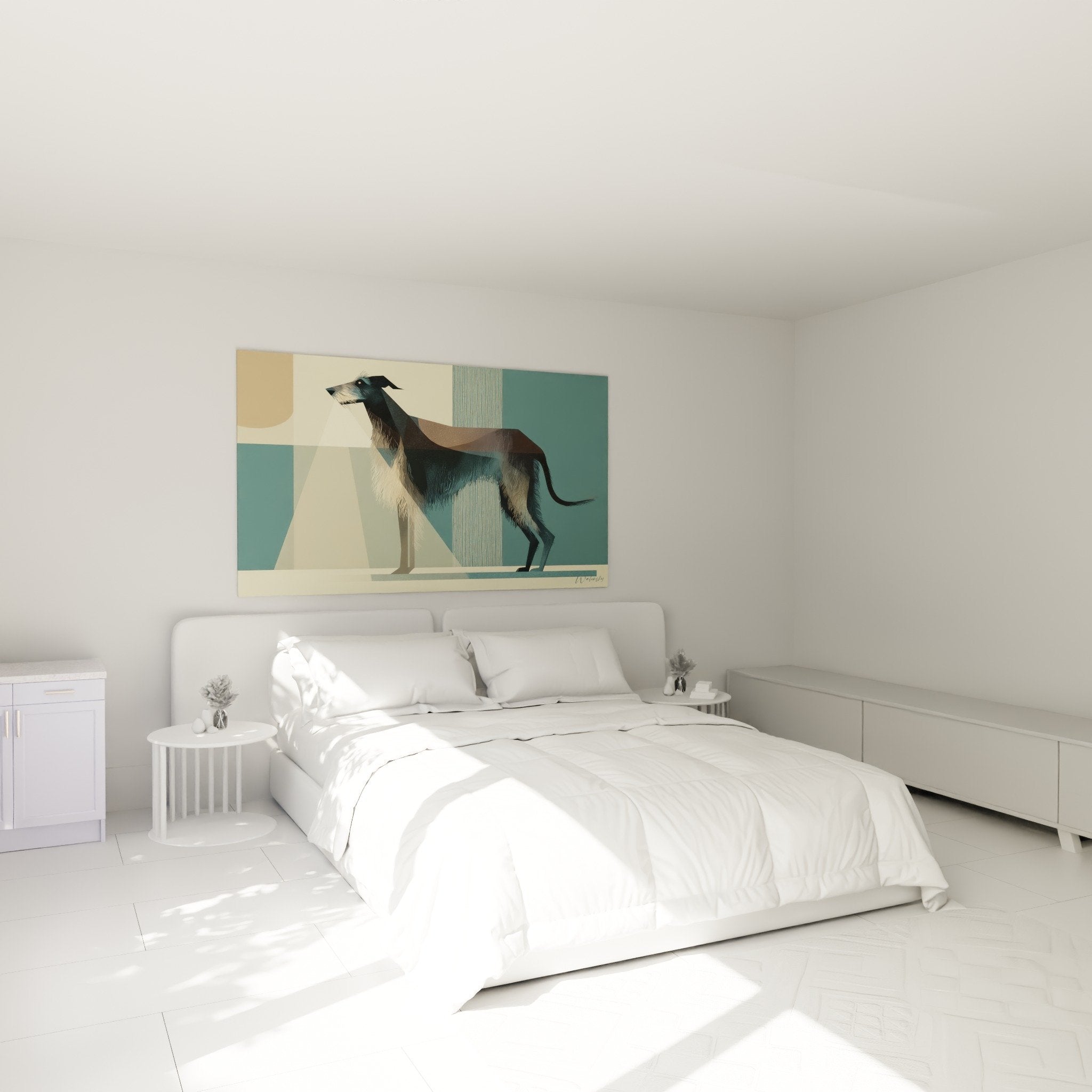 Geometrisches Deerhound-Gemälde blau beige im modernen Schlafzimmer zeitgenössische Wanddekoration Windhund-Kunstwerk
