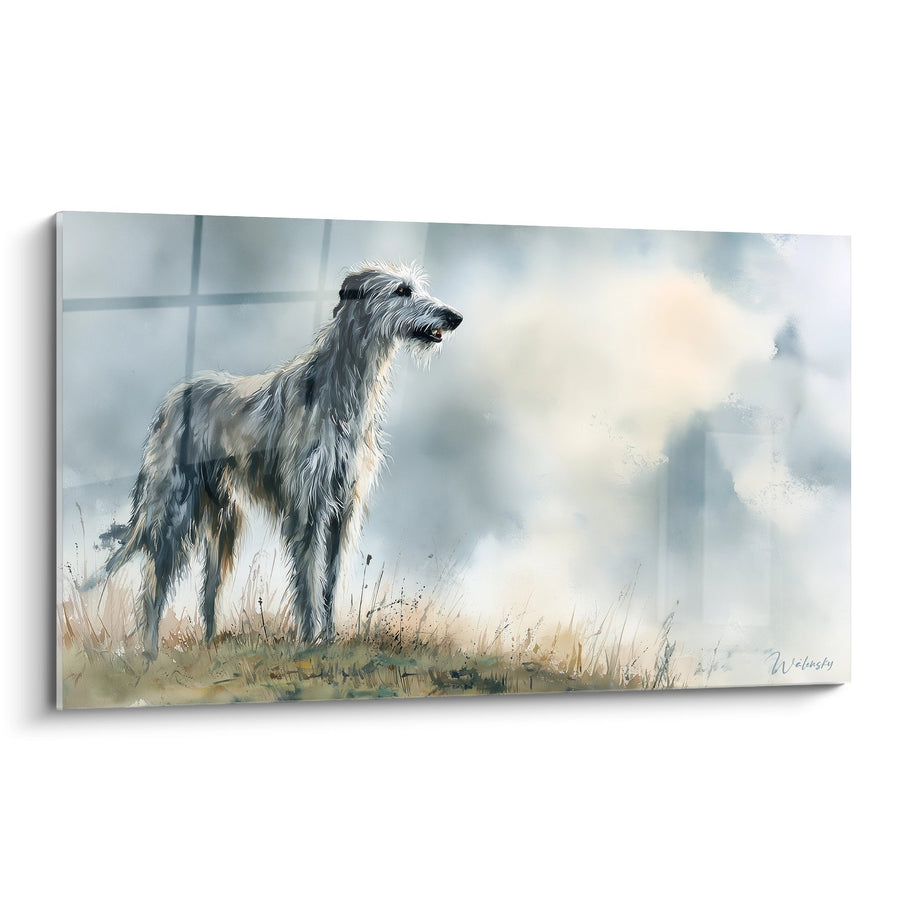 Deerhound Graugemälde betrachtet neblige Berglandschaft - Schottische Noblesse - Deerhound Edition