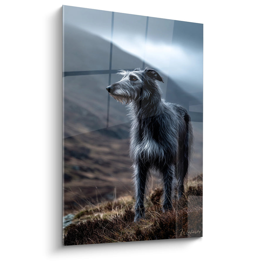 Grausilberner Hund Gemälde in Berglandschaft - Schottische Noblesse - Deerhound Edition