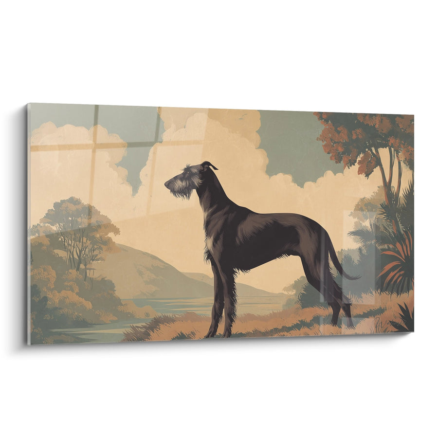 Deerhound Gemälde: Dunkle kontemplative Silhouette, pastorale Landschaft, Retro – Wilde Eleganz – Deerhound Edition