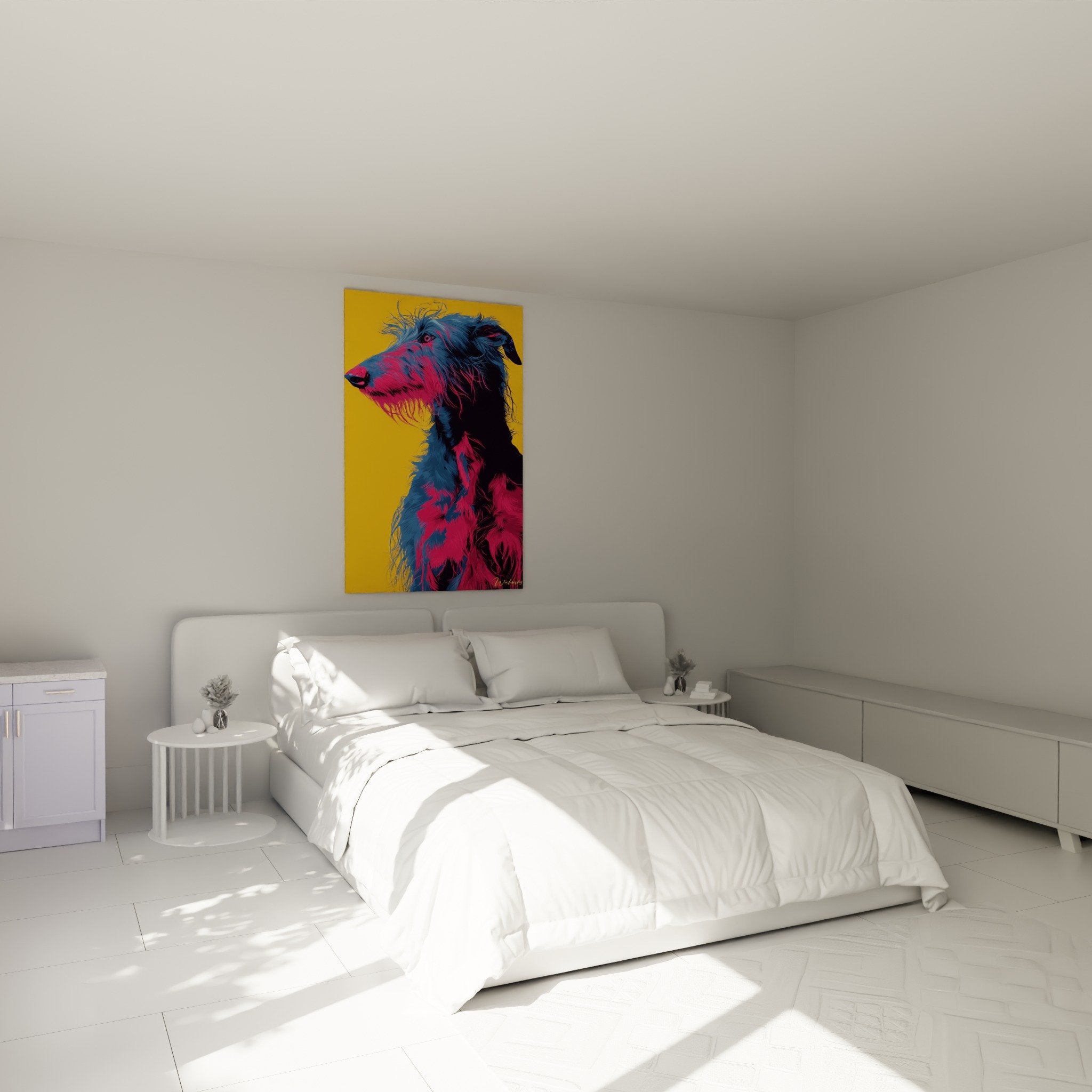 Farbiges Deerhound-Gemälde in Blau und Rosa an der Schlafzimmerwand aufgehängt moderne Dekoration
