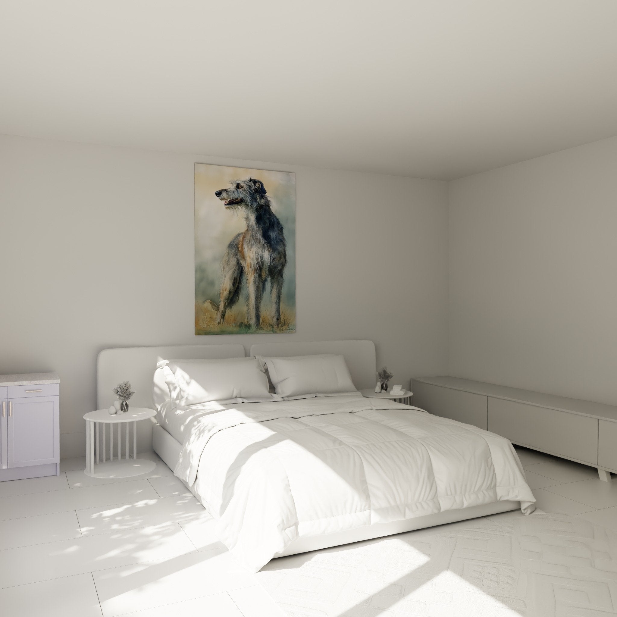 Greifen-Wandbild in Grau und Beige an der Schlafzimmerwand angebracht, Hundekunst Wanddekoration, serene natürliche Atmosphäre