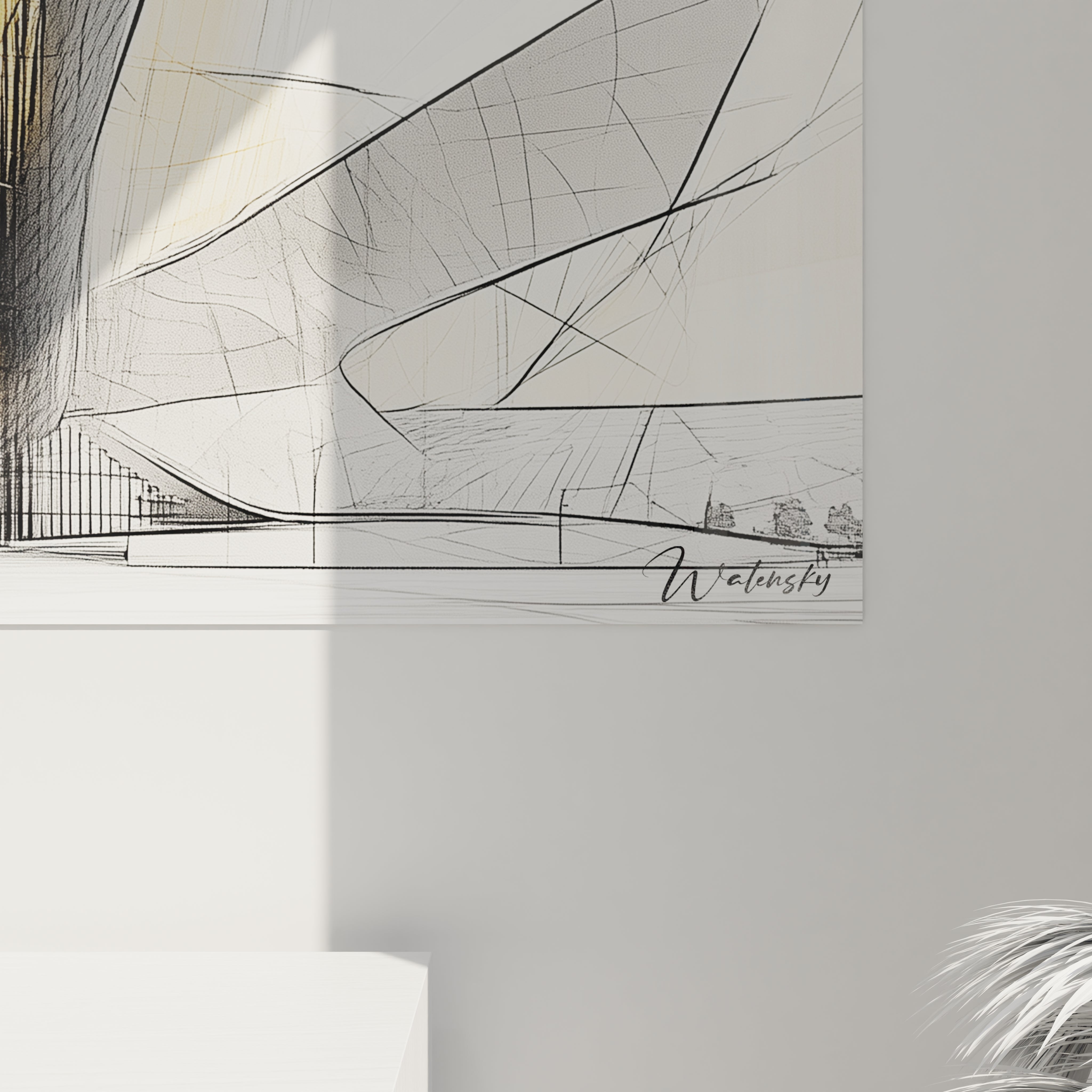 Tableau minimaliste abstrait de Walensky avec des lignes géométriques et des nuances de monochrome