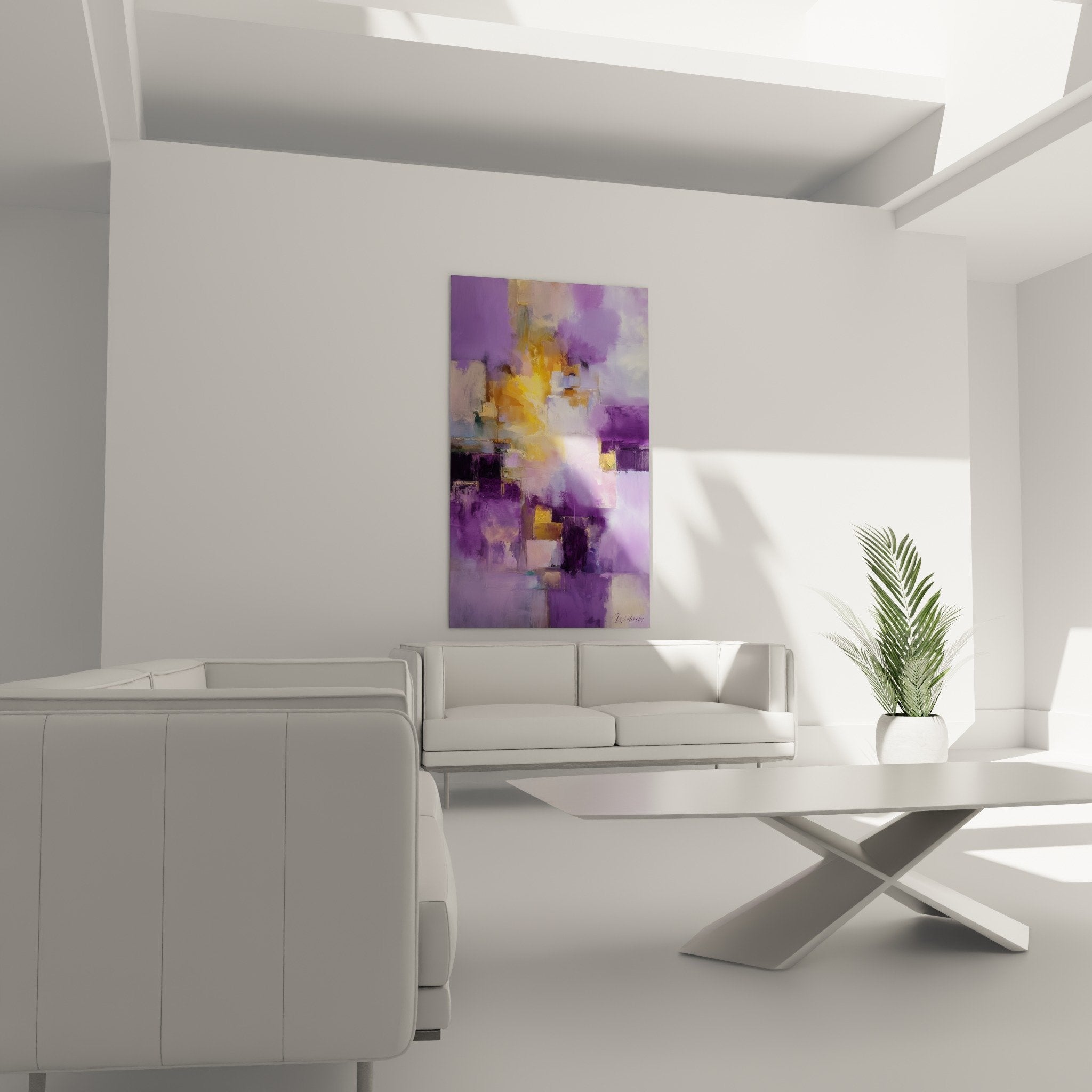abstract purple painting detail with golden sparkles and geometric shapes
