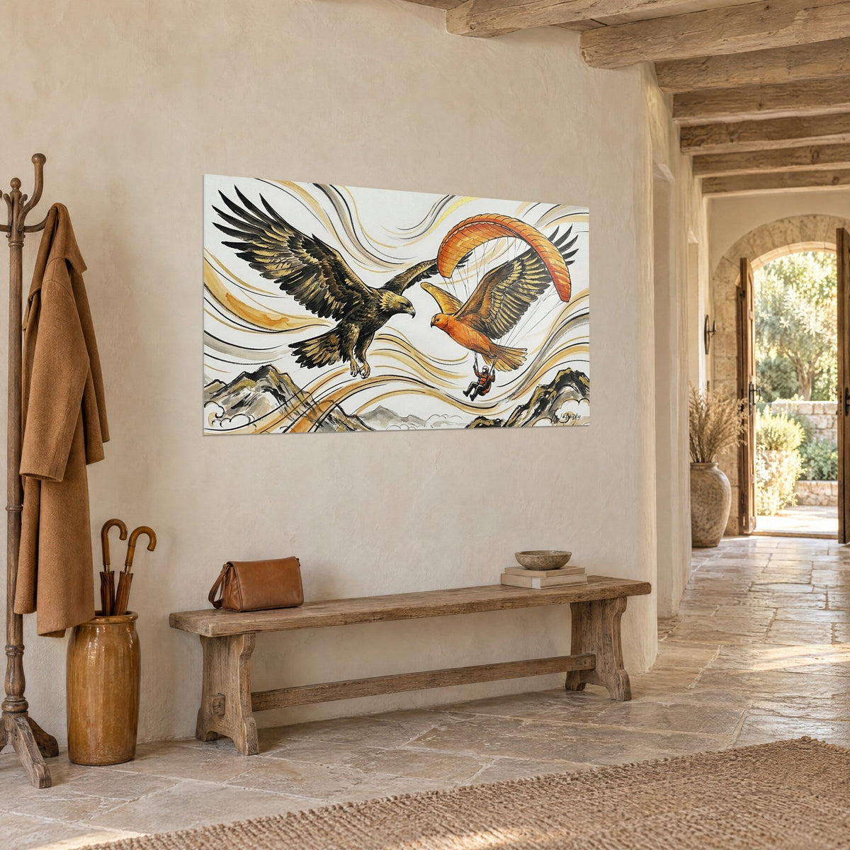 Gemälde Steinadler in Bronze und orangefarbener Gleitschirm auf elfenbeinfarbenem Tintengrund, im Steinflur über der Bank aufgehängt