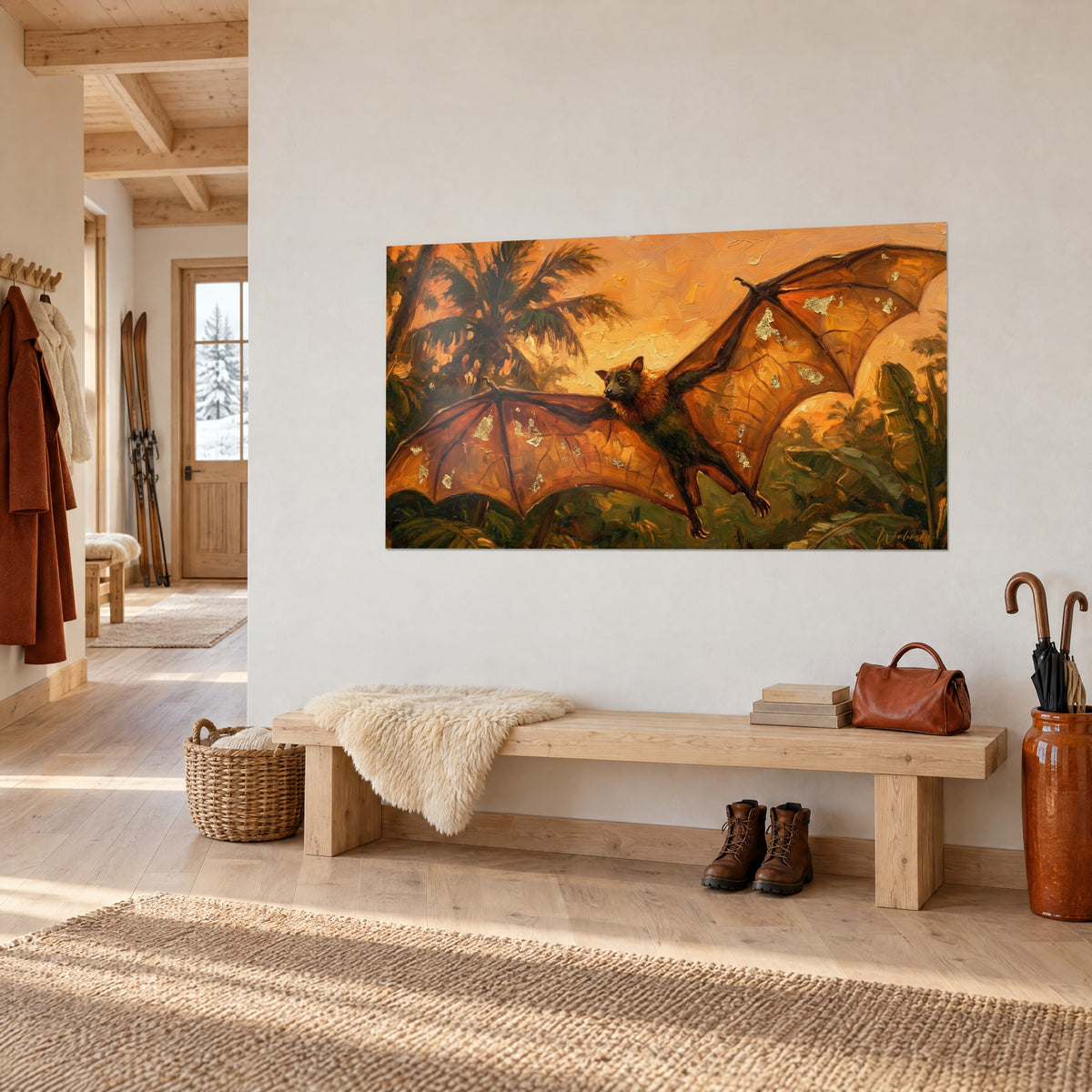 Wall art copper-toned flying mammal, orange membranes veined with gold against a saffron sky, hung on the white wall of a chalet entrance