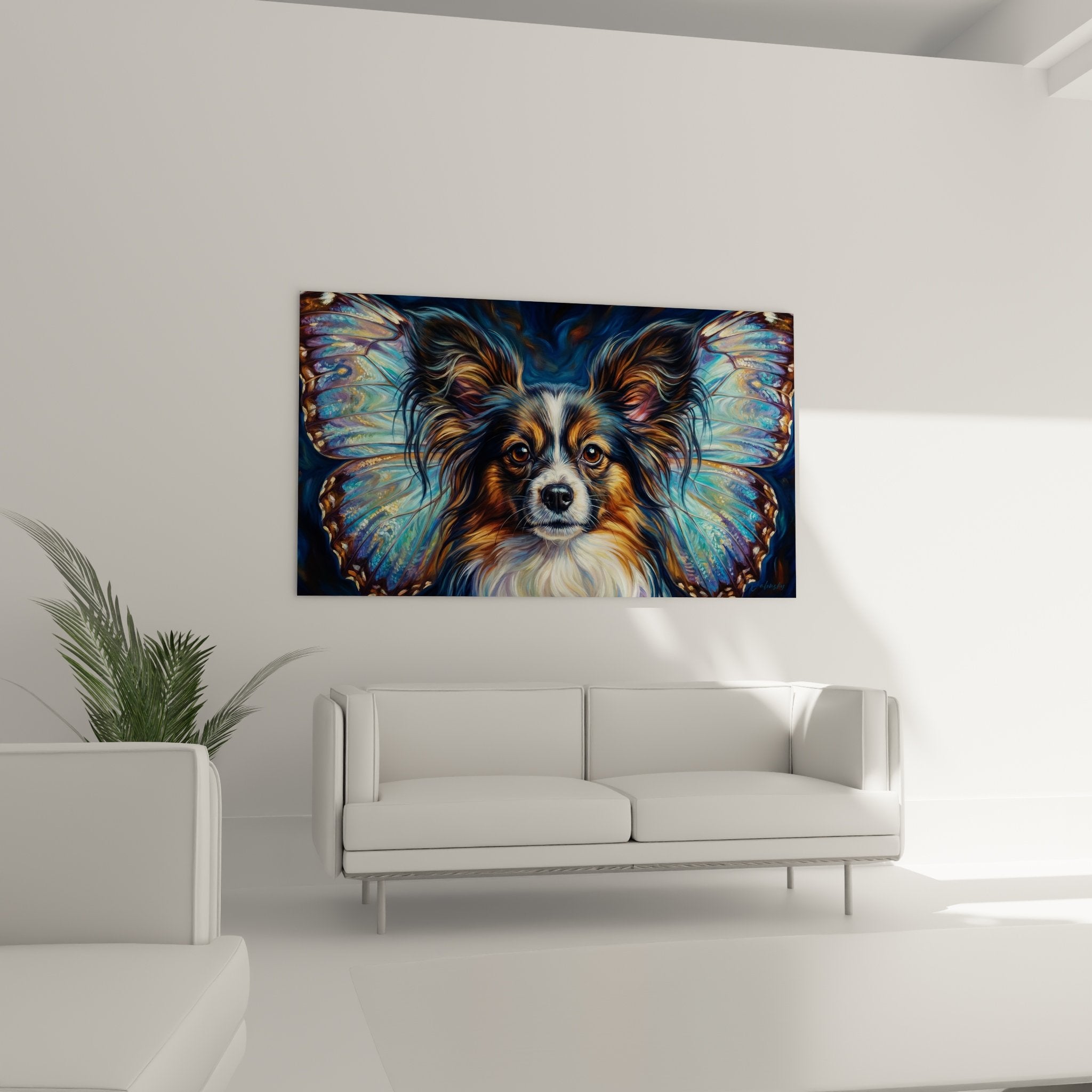 Détail gros plan ailes iridescentes et pelage cuivré du Chien Papillon, reflets dorés et violets chatoyants