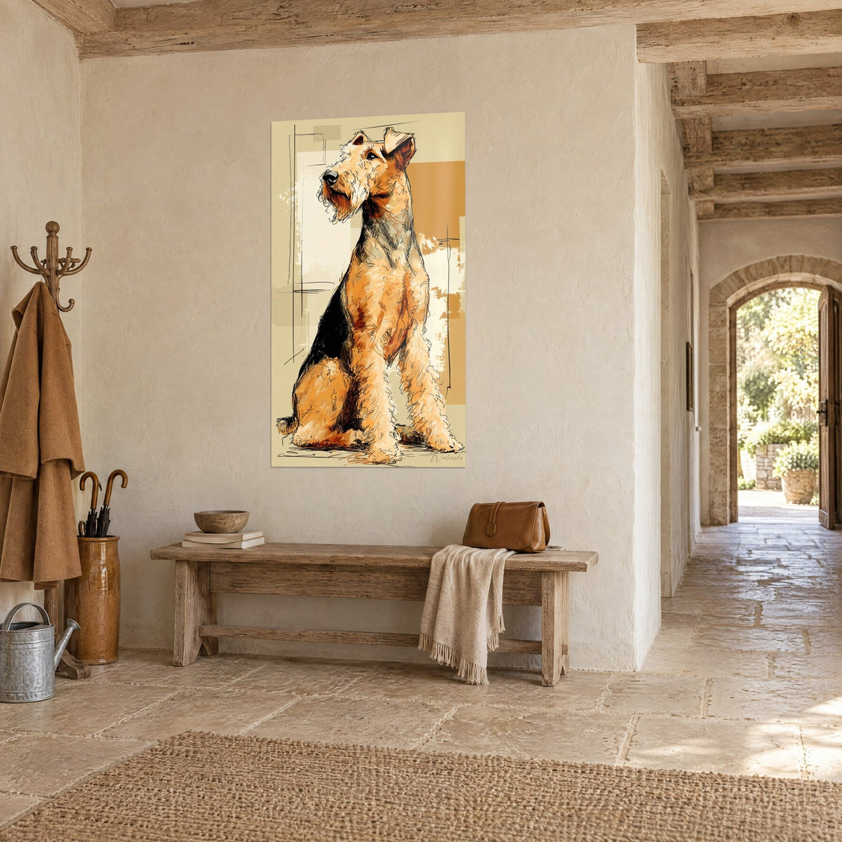 Tableau portrait canin aux tons ocre et crème, museau levé, oreille pliée, accroché sur un mur de pierre, entrée voûtée