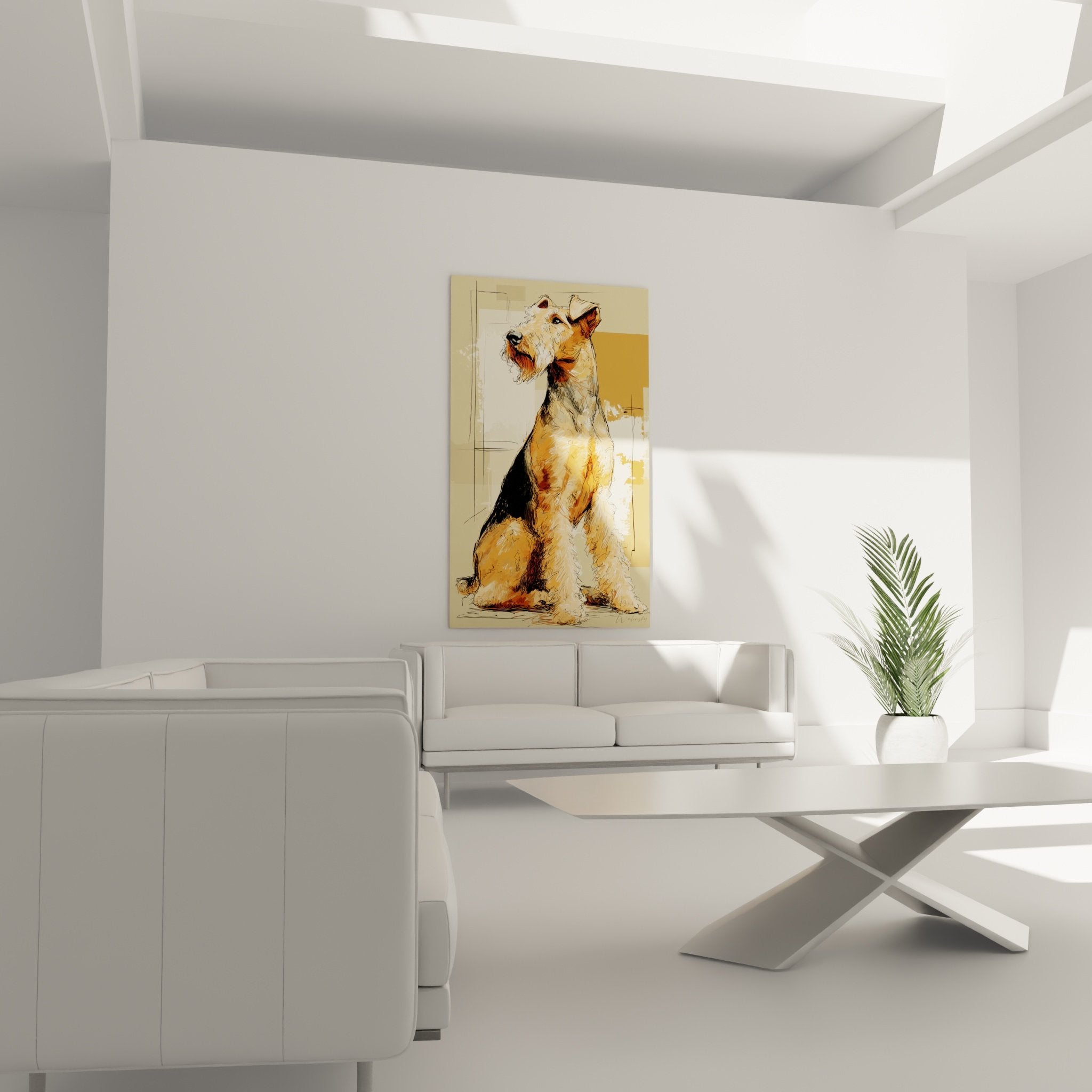 Detailporträt Airedale Terrier Gemälde in Ocker- und Beigetönen Fellstruktur realistischer künstlerischer Stil Skizze