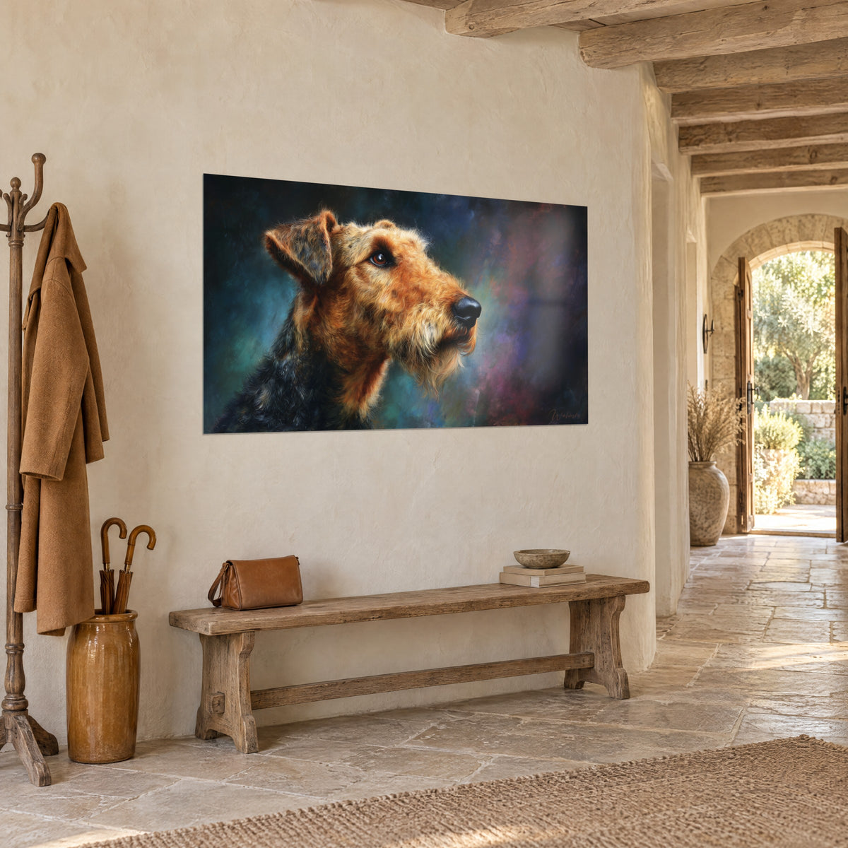 Cuadro de perro con orejas plegadas, hocico negro girado hacia la derecha, fondo violeta y turquesa, muro de piedra en perspectiva