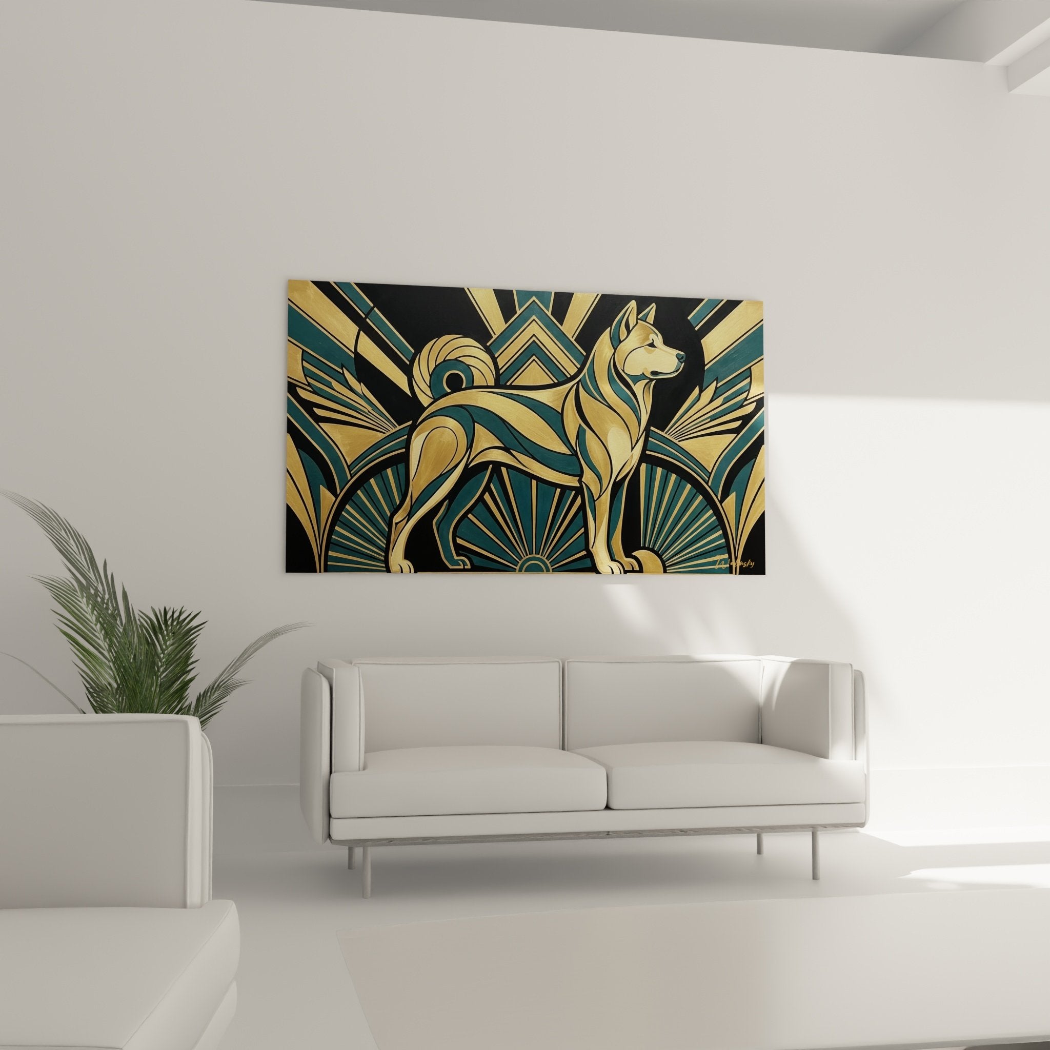 Détail Akita Inu art déco pelage doré textures métalliques motifs radiants turquoise