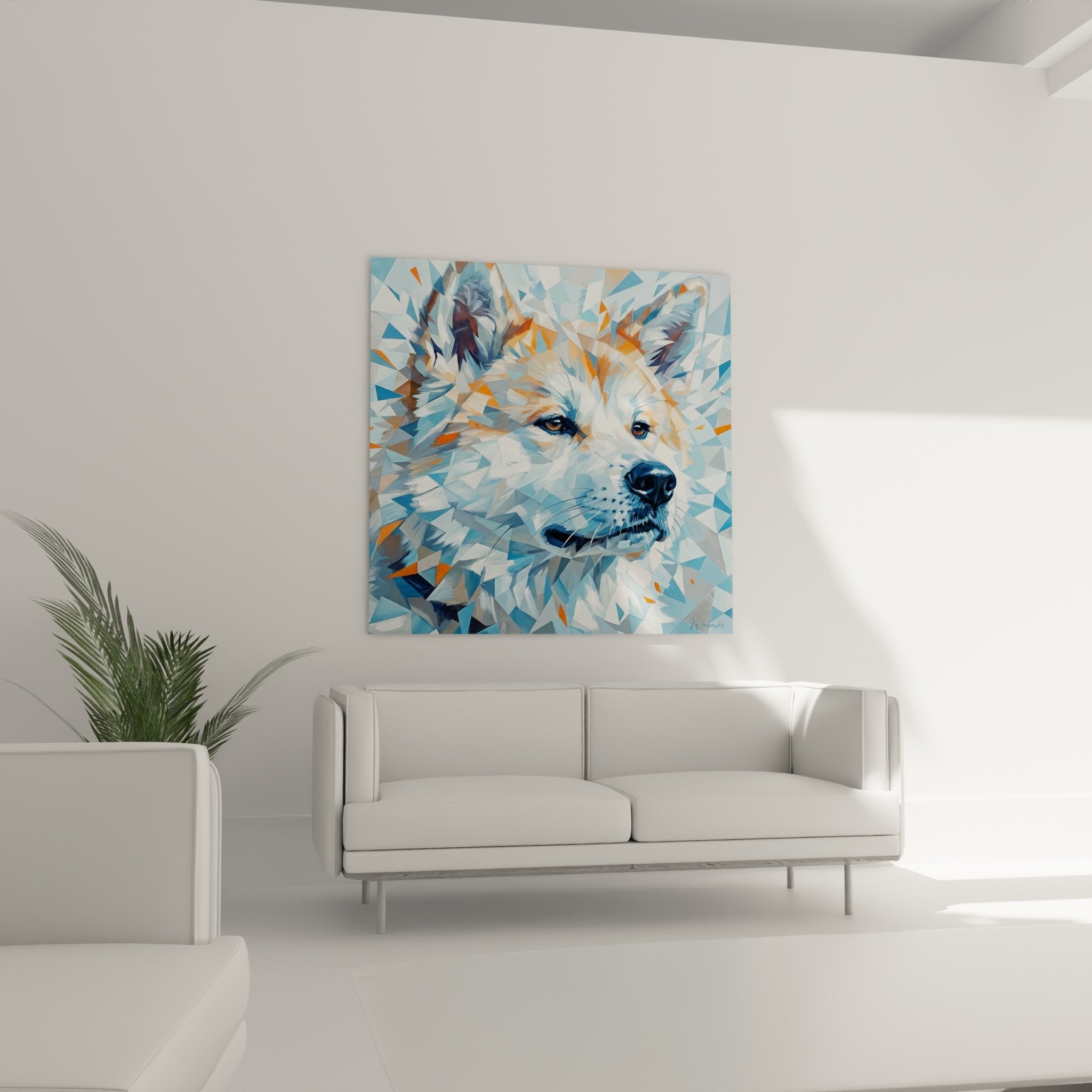 Detail Gemälde Akita Inu geometrische Facetten blau orange realistischer Blick schwarze Nase