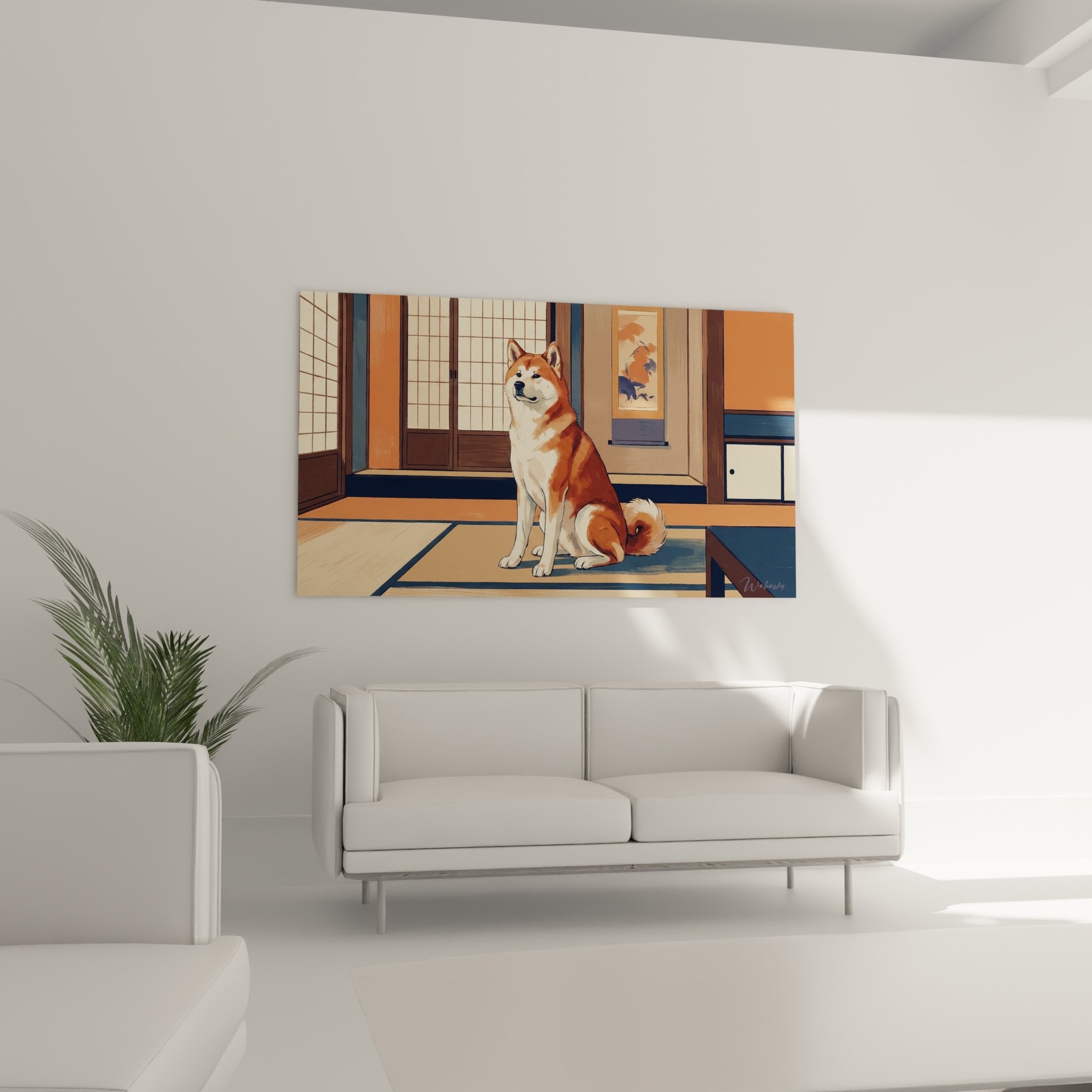 Close-up detail of the red and white coat of the Akita Inu against a background of Japanese tatami mats and room dividers