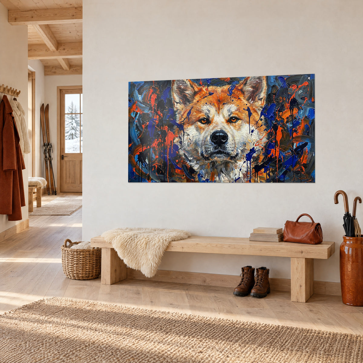 Quadro ritratto canino dagli occhi ambrati, schizzi neri e blu oltremare, su una parete bianca d'ingresso in stile chalet