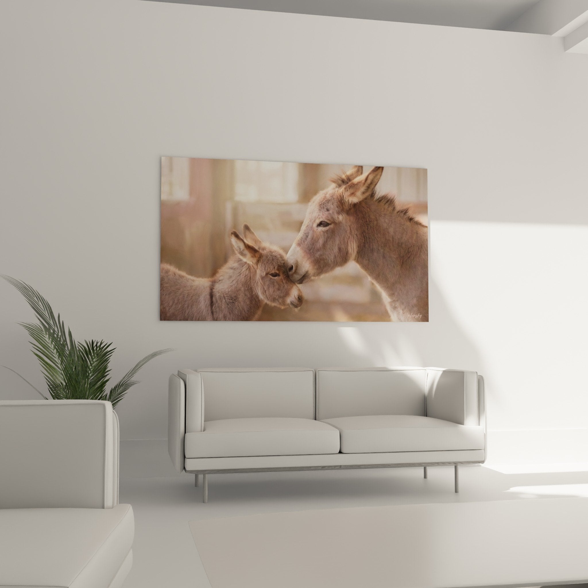 Detail Gemälde Eselin und kleines Beige, sich berührende Schnauzen, realistische Zärtlichkeit zwischen Tieren