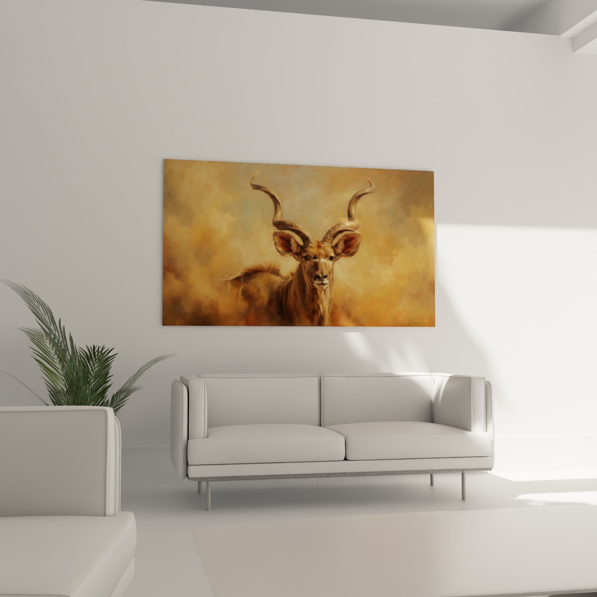 Antilopen-Kopfdetail, realistische Malerei, geschwungene Hörner, fauvesbraunes Fell mit goldenen Nuancen