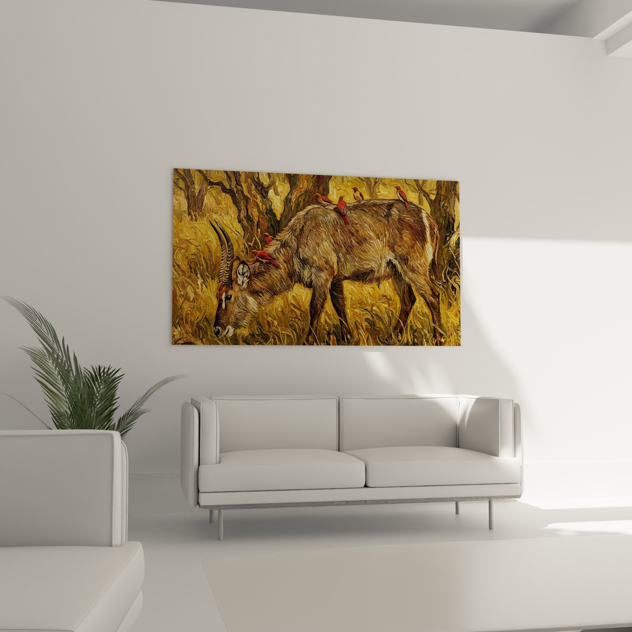 Detailansicht Antilopentafel mit goldenen Texturen roten Vögeln impressionistische Malerei Relief