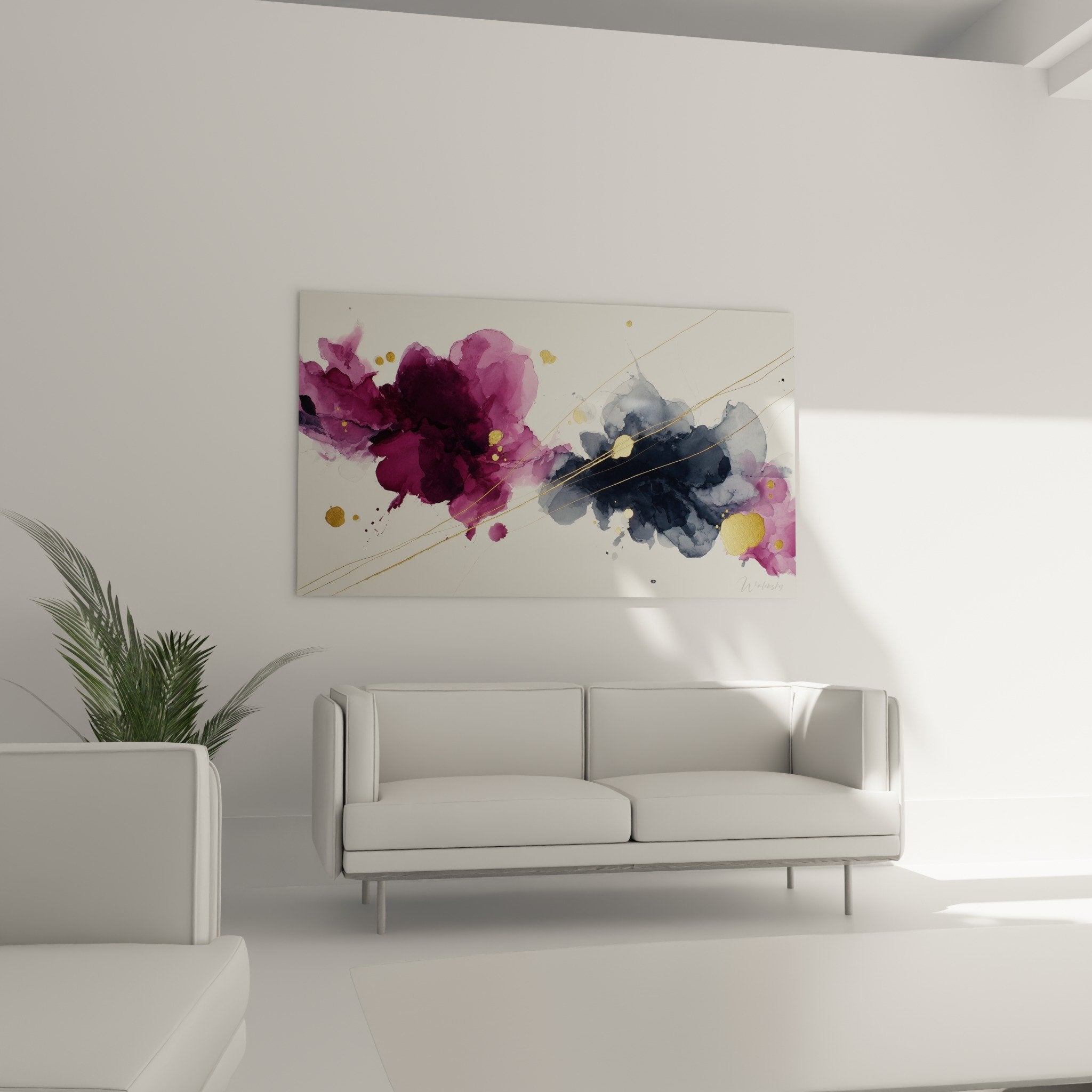 Detail aquarelle abstraite nuances violet bleu accents dores traits metalliques feng shui bois
