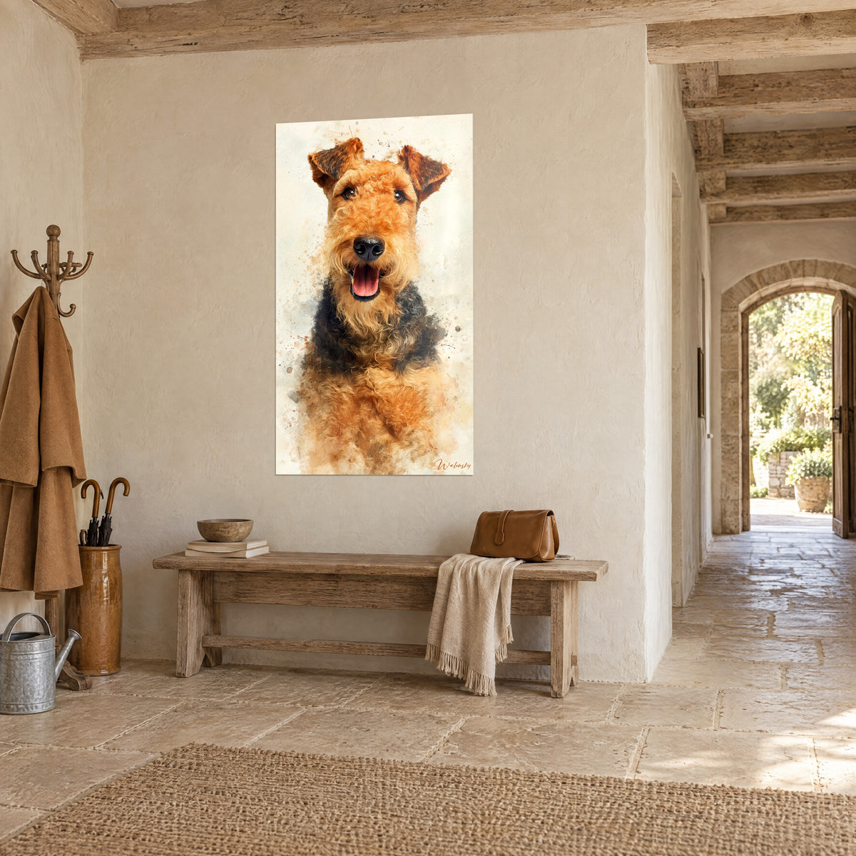 Πίνακας χαμογελαστού terrier, καφέ διπλωμένα αυτιά και χαλκόχρωμη γενειάδα, σε κρεμ ασβεστωμένο τοίχο, τρίτο προφίλ, πέτρινο σπίτι