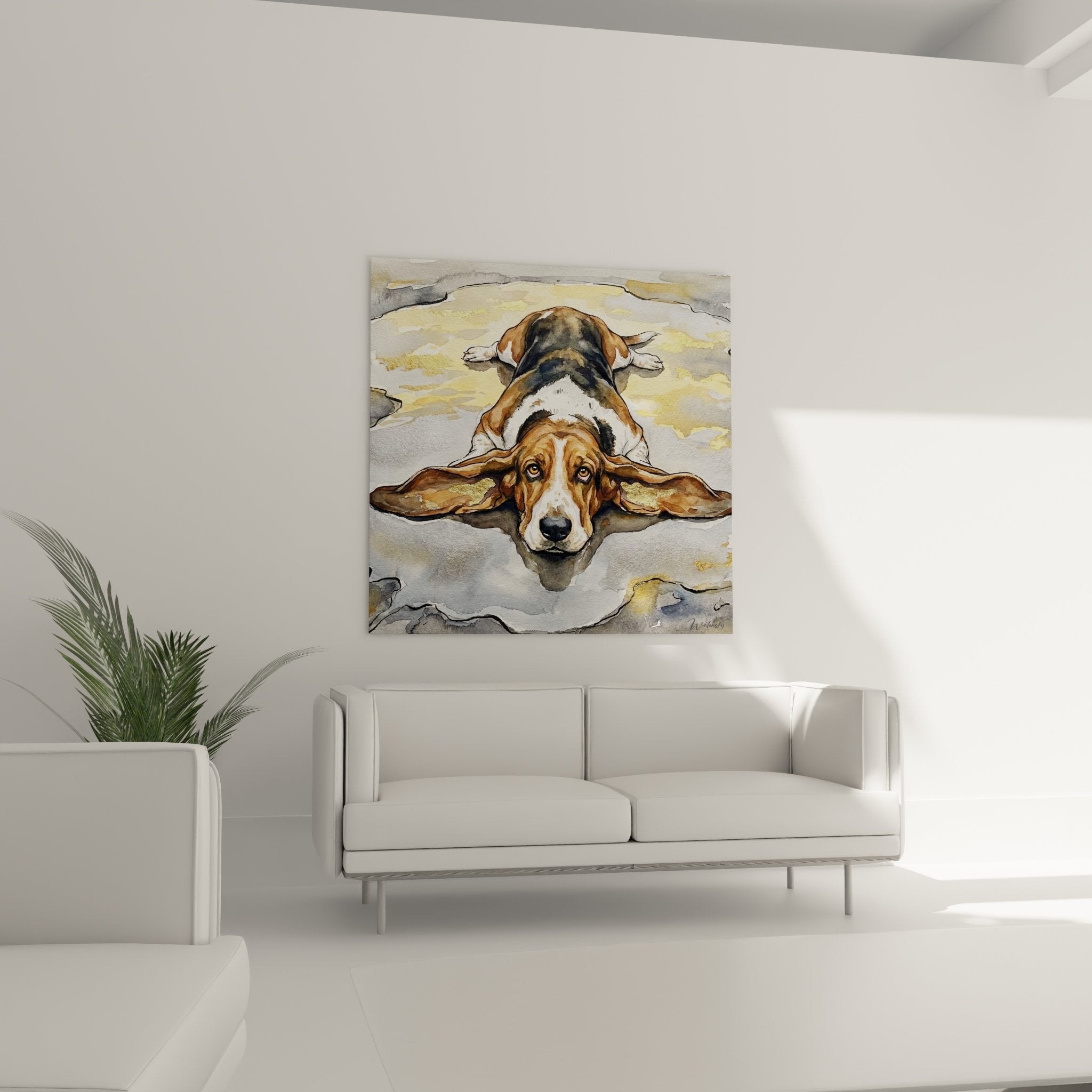 Watercolor detail basset hound expressive eyes reddish-brown white coat water luminous reflections