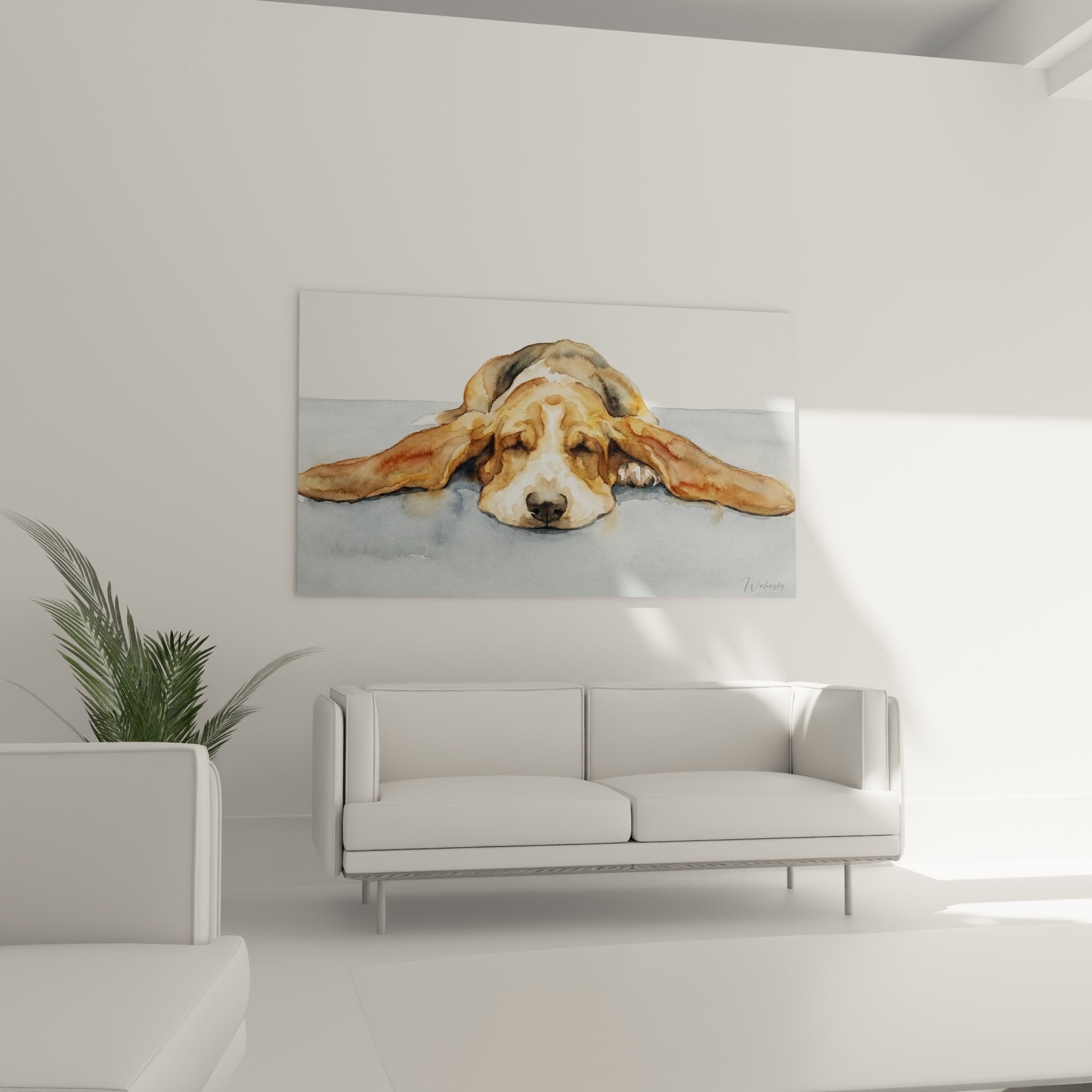 Détail aquarelle Basset Hound endormi, nuances brunes et technique picturale aux contours fondus