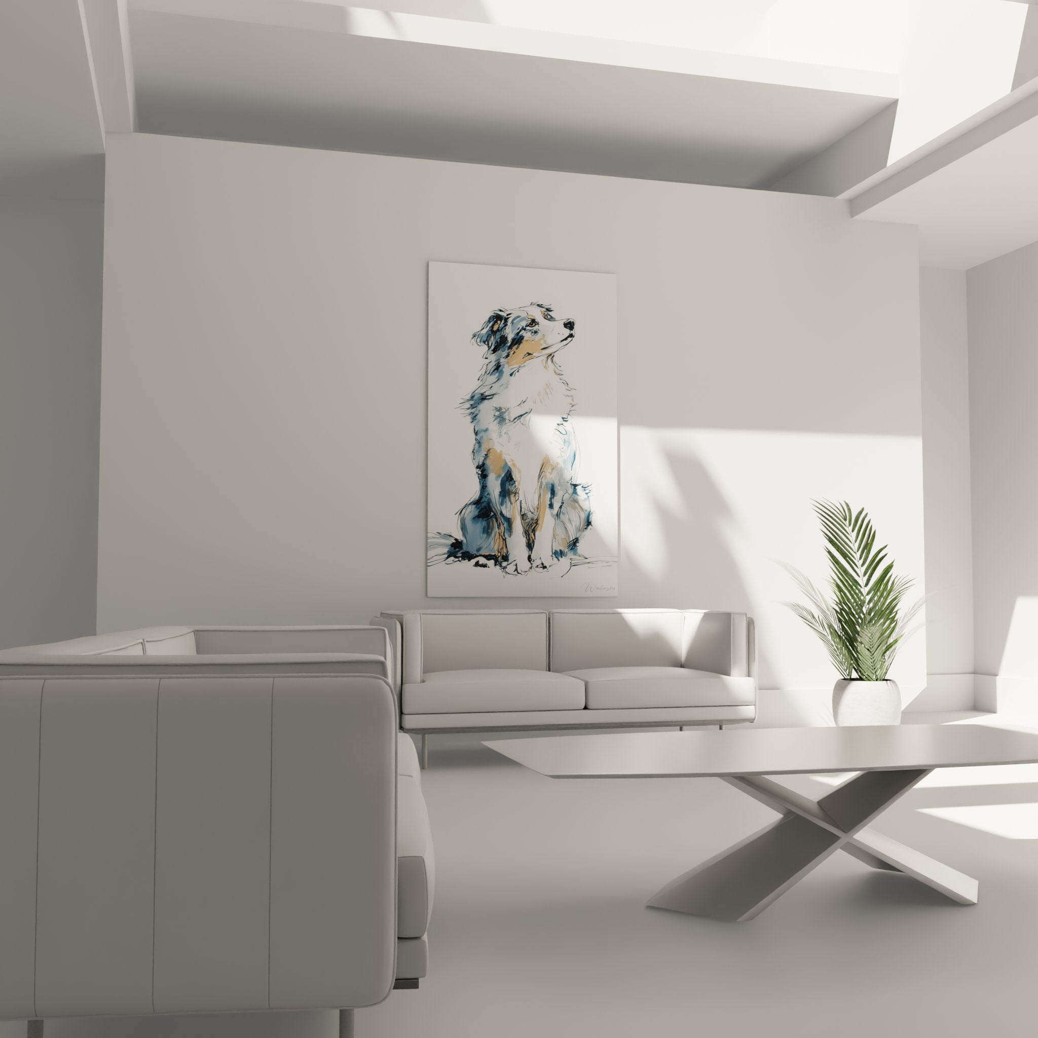 Aquarelldetail Australian Shepherd expressive Augen Blautöne flüssige Technik