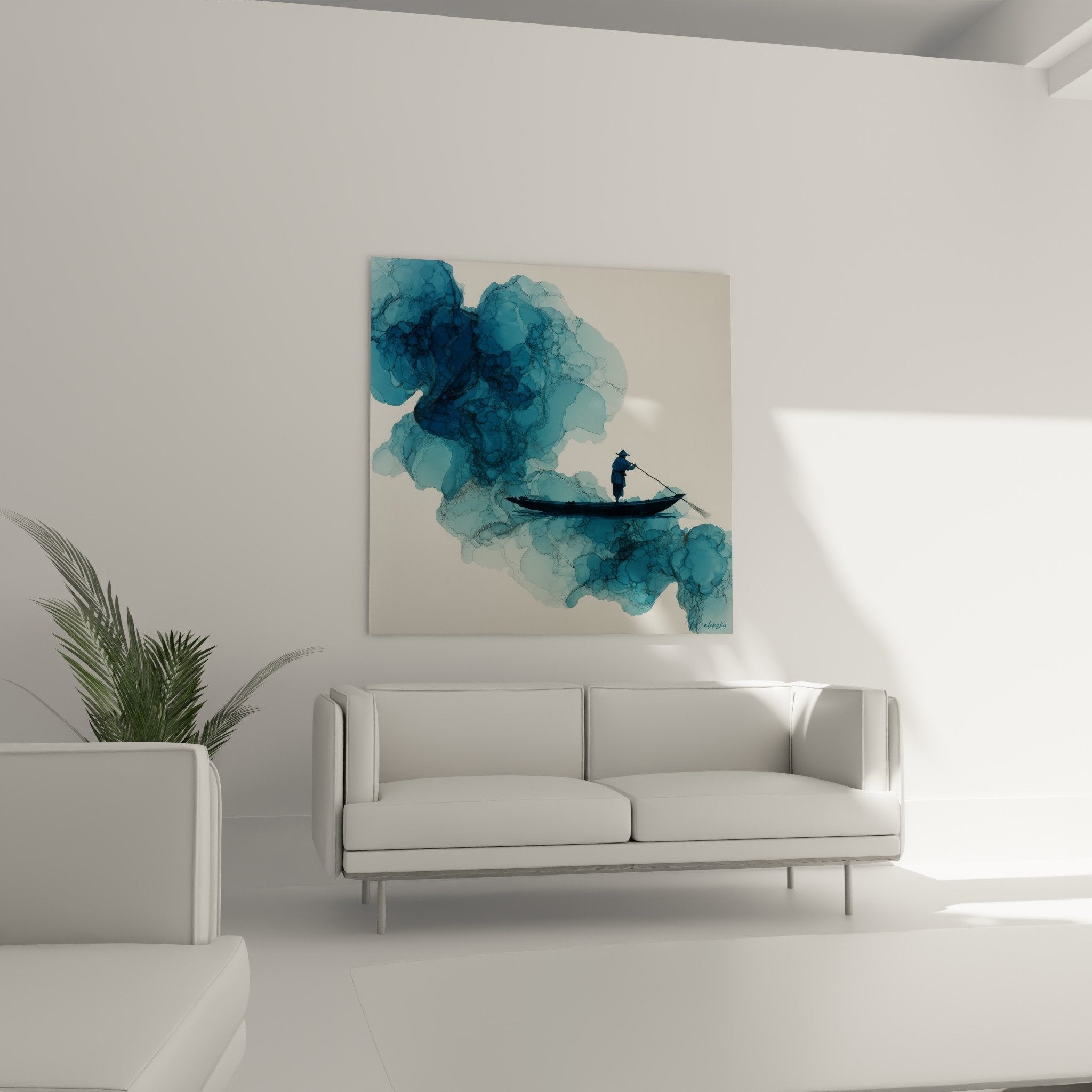 Aquarelldetail Blautöne Türkis Ozean Fischer Boot Wandkunst Feng Shui Norden Wasser
