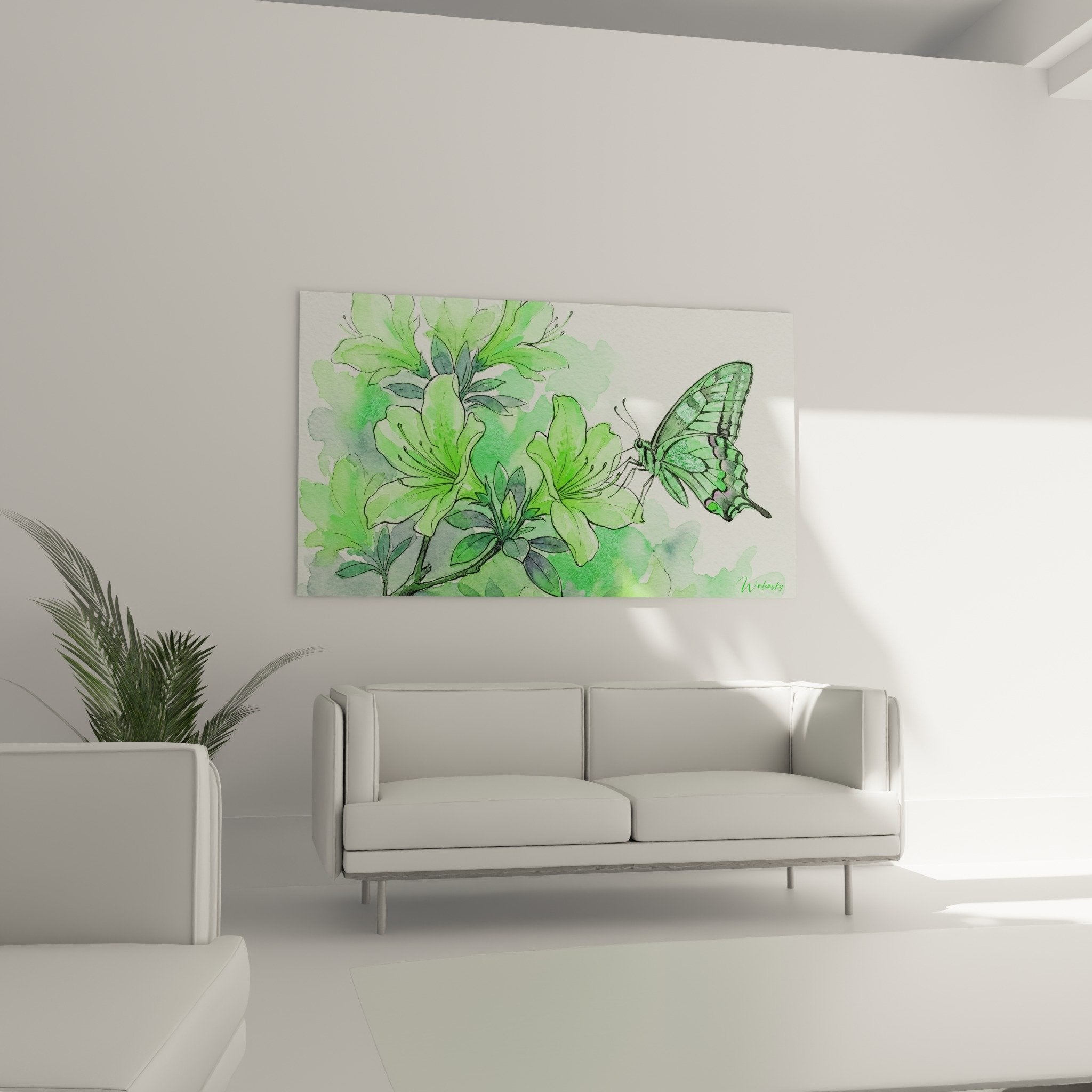 Green bonsai watercolor detail, delicate painting technique, ornate foliage and butterfly