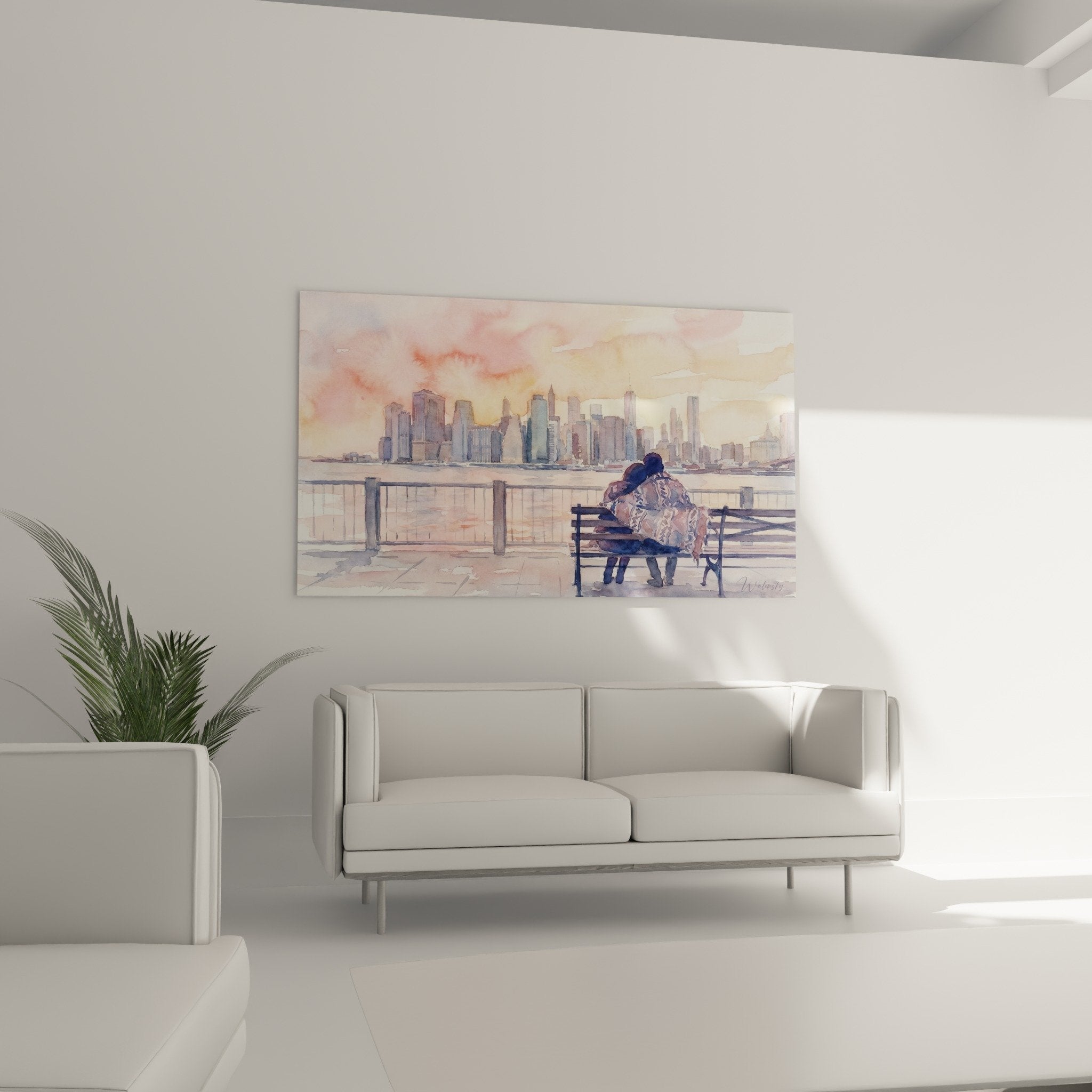 Détail aquarelle technique coulures roses pêche couple silhouettes violet indigo skyline Brooklyn tons poudrés artistique
