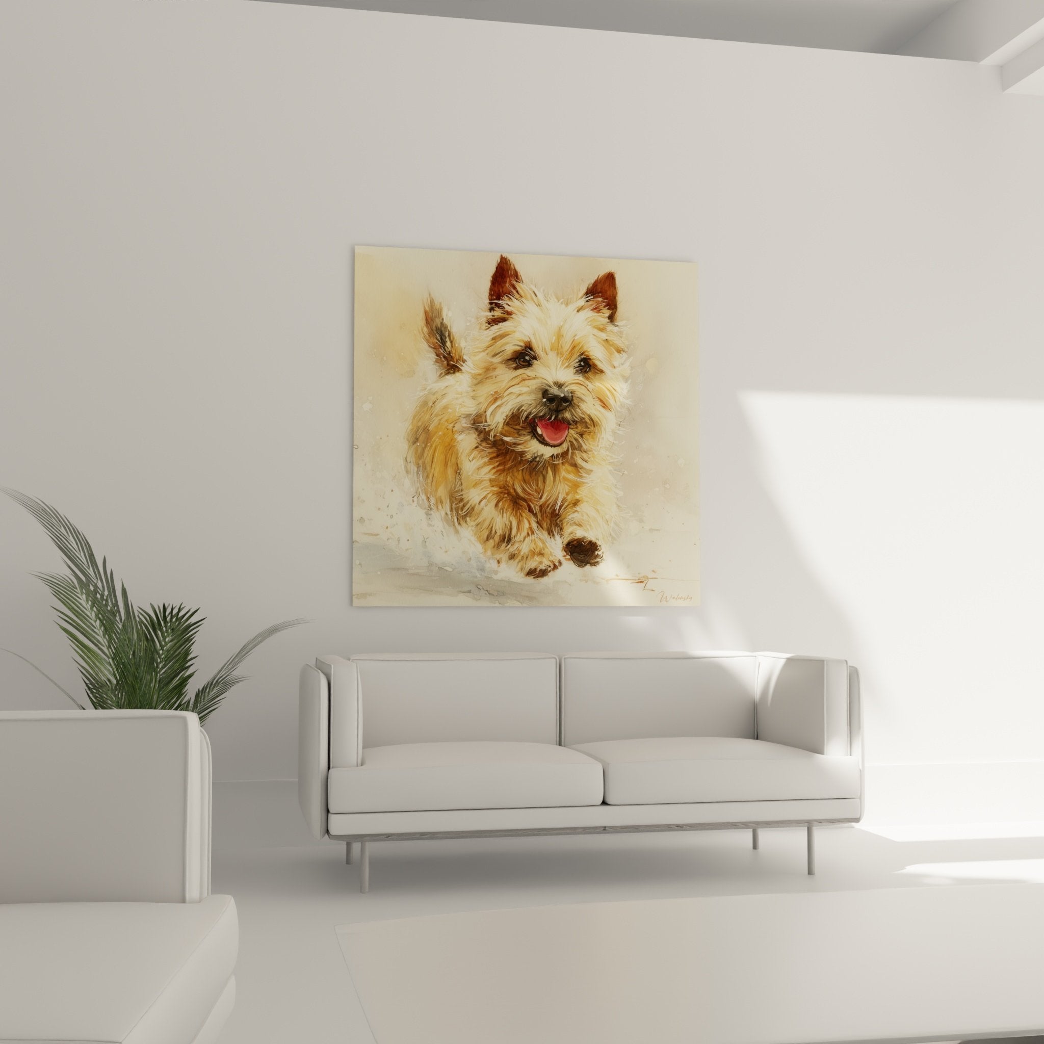 Détail rapproché aquarelle Cairn Terrier pelage doré fauve technique pinceau couleurs chaudes