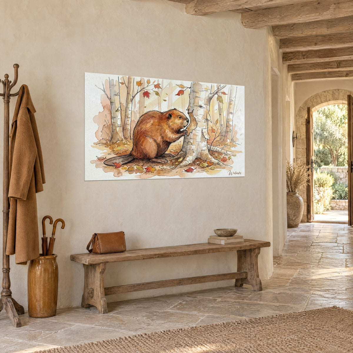 Wall art rodent with copper-brown fur standing against a pale trunk, golden and purple leaves, stone wall of a hallway